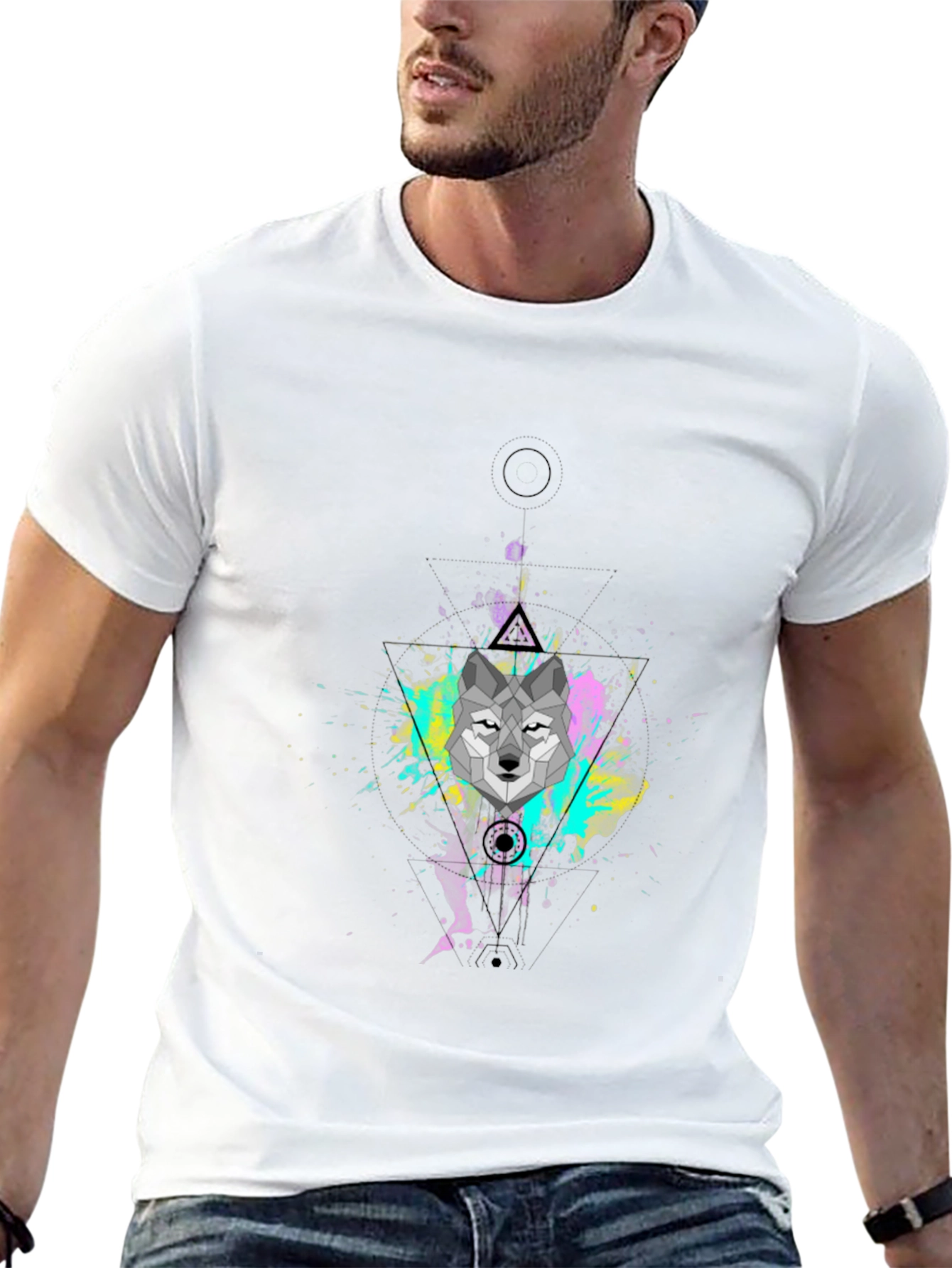 Geometric Wolf Graphic Black T-Shirt