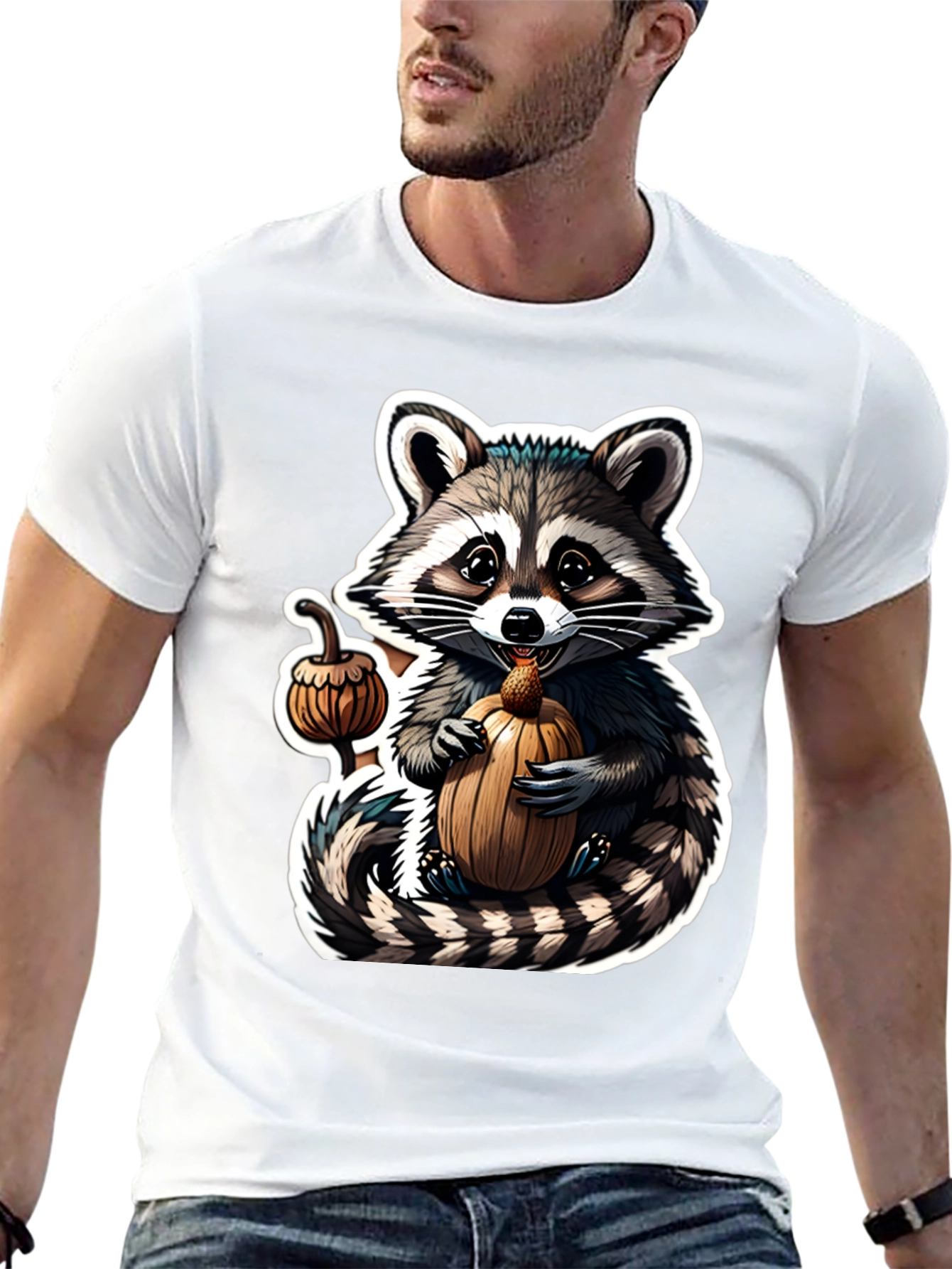 Cute Raccoon Pumpkin Black T-Shirt