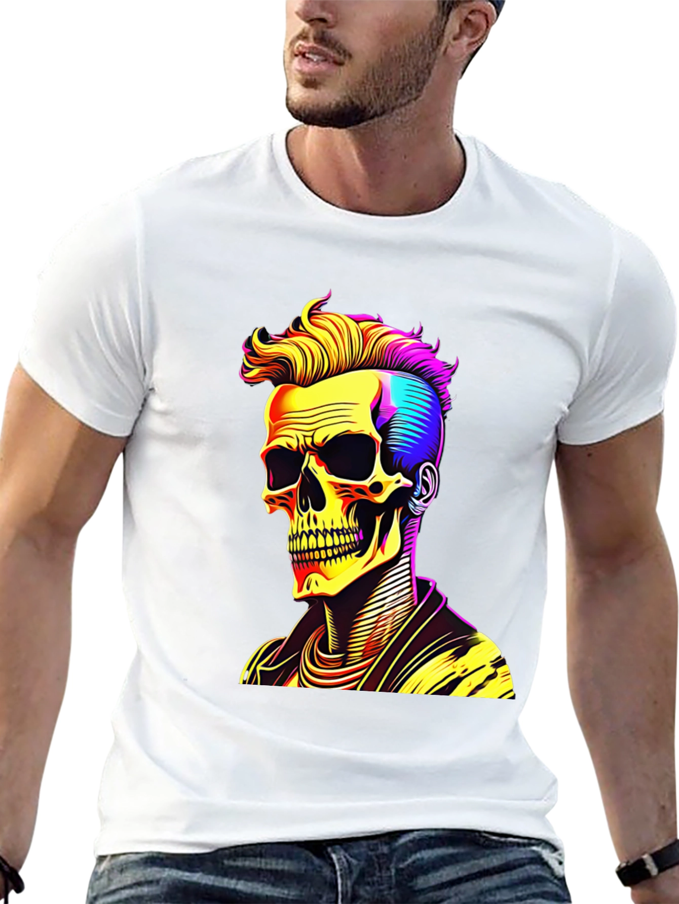 Skull with Punk Hairdo Black T-Shirt