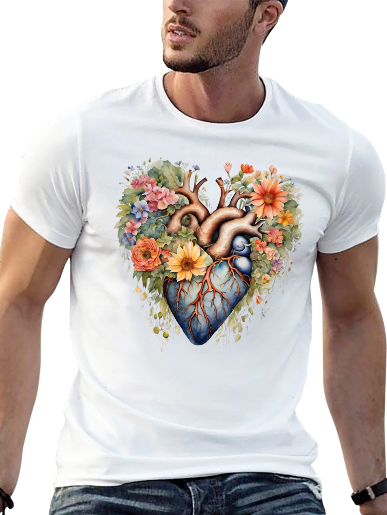 Floral Heart Anatomy T-Shirt - Artistic Graphic Tee