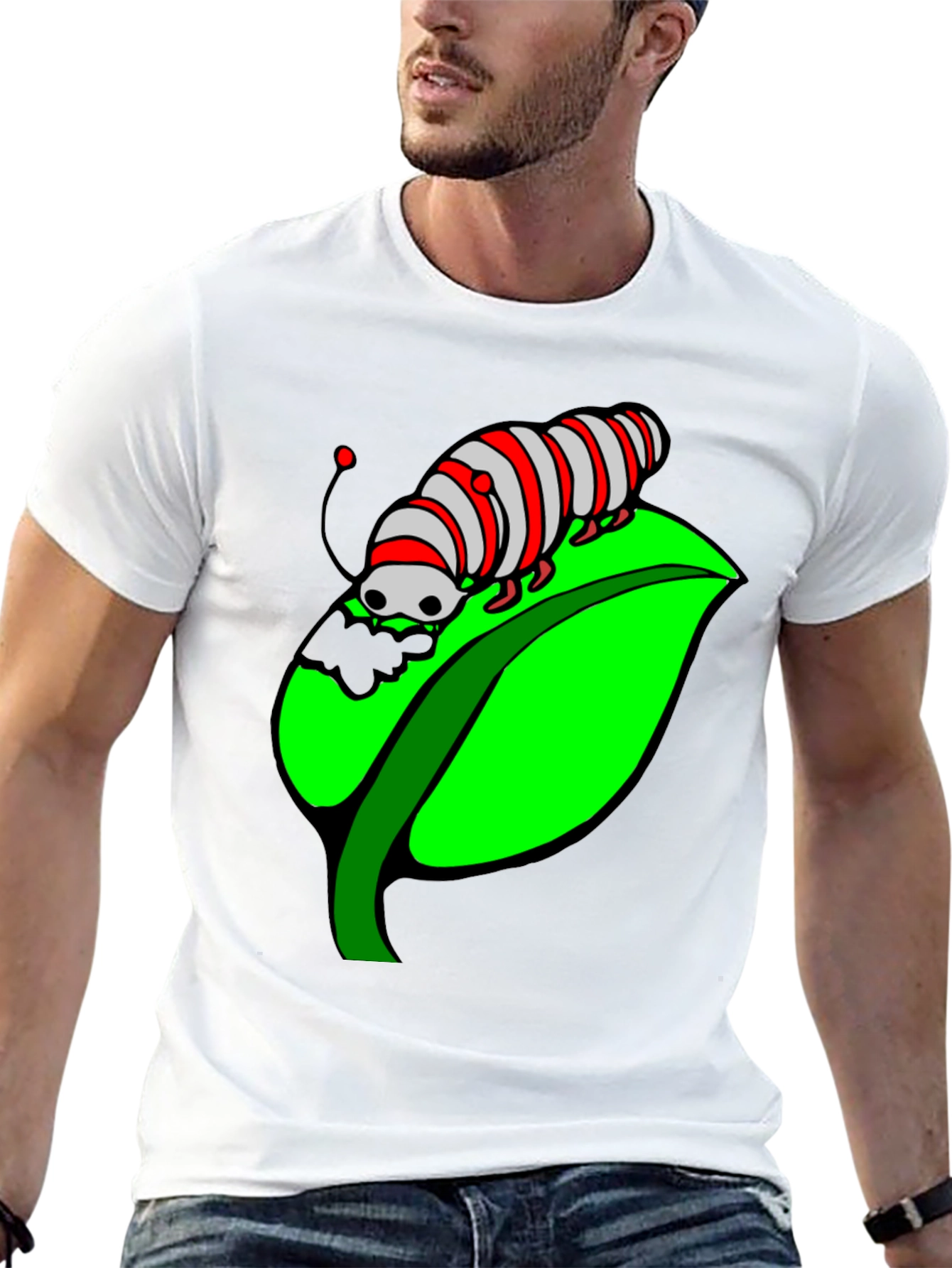 Caterpillar on Leaf Graphic T-Shirt - Black Cotton Tee