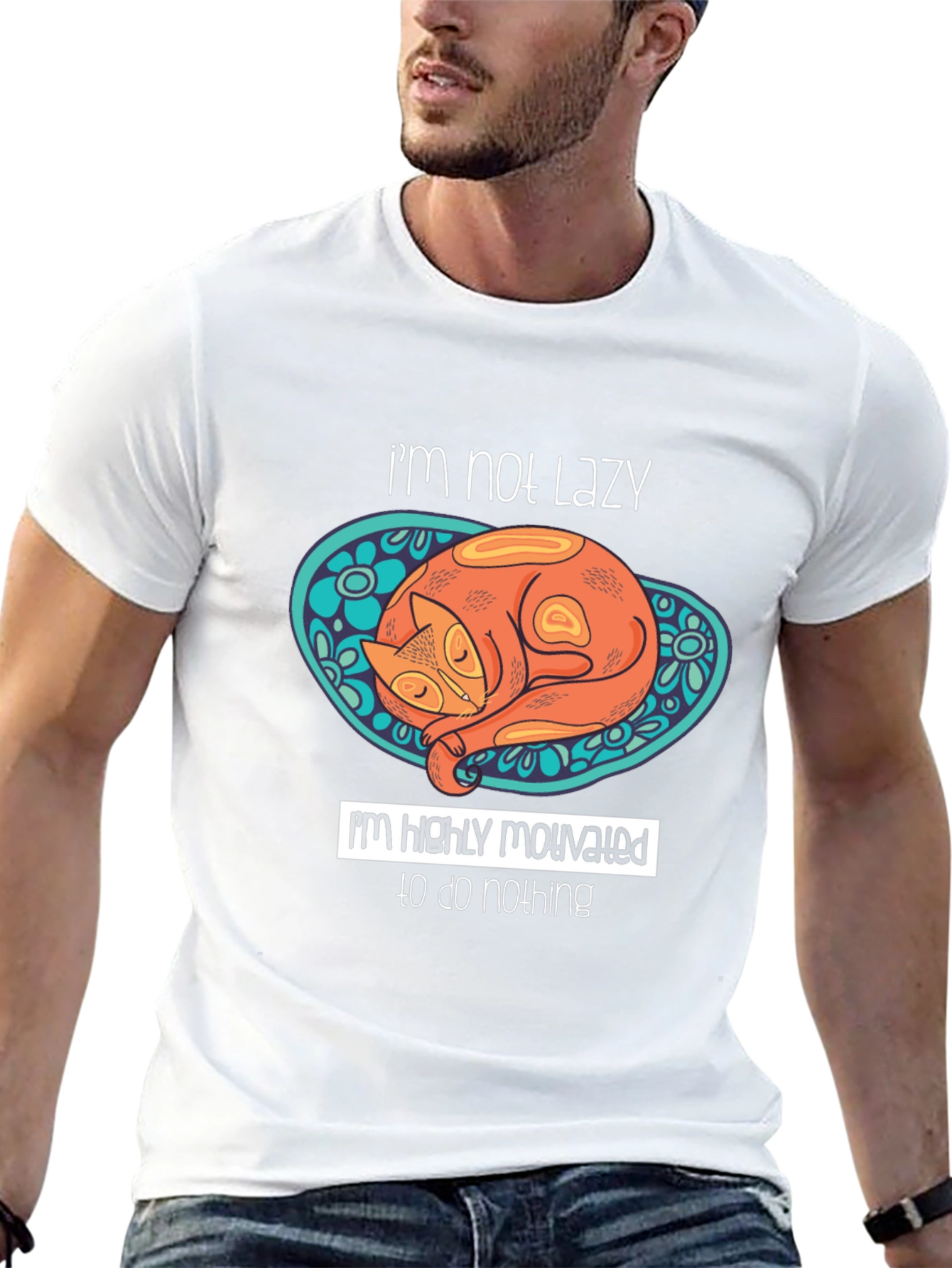 Lazy Cat Graphic T-Shirt - Humorous Mens Tee
