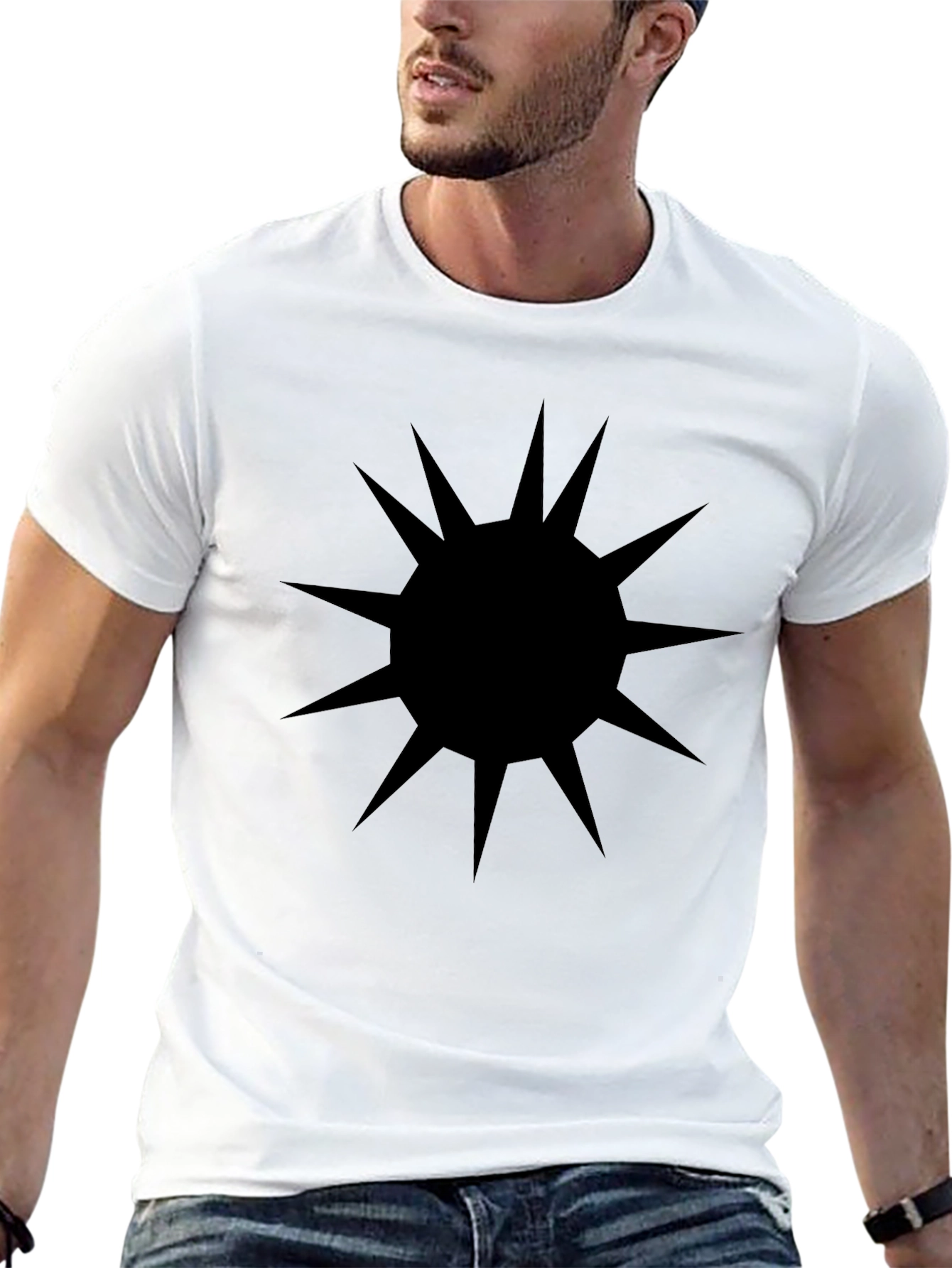 Mens Black T-Shirt with Spiked Sun Graphic