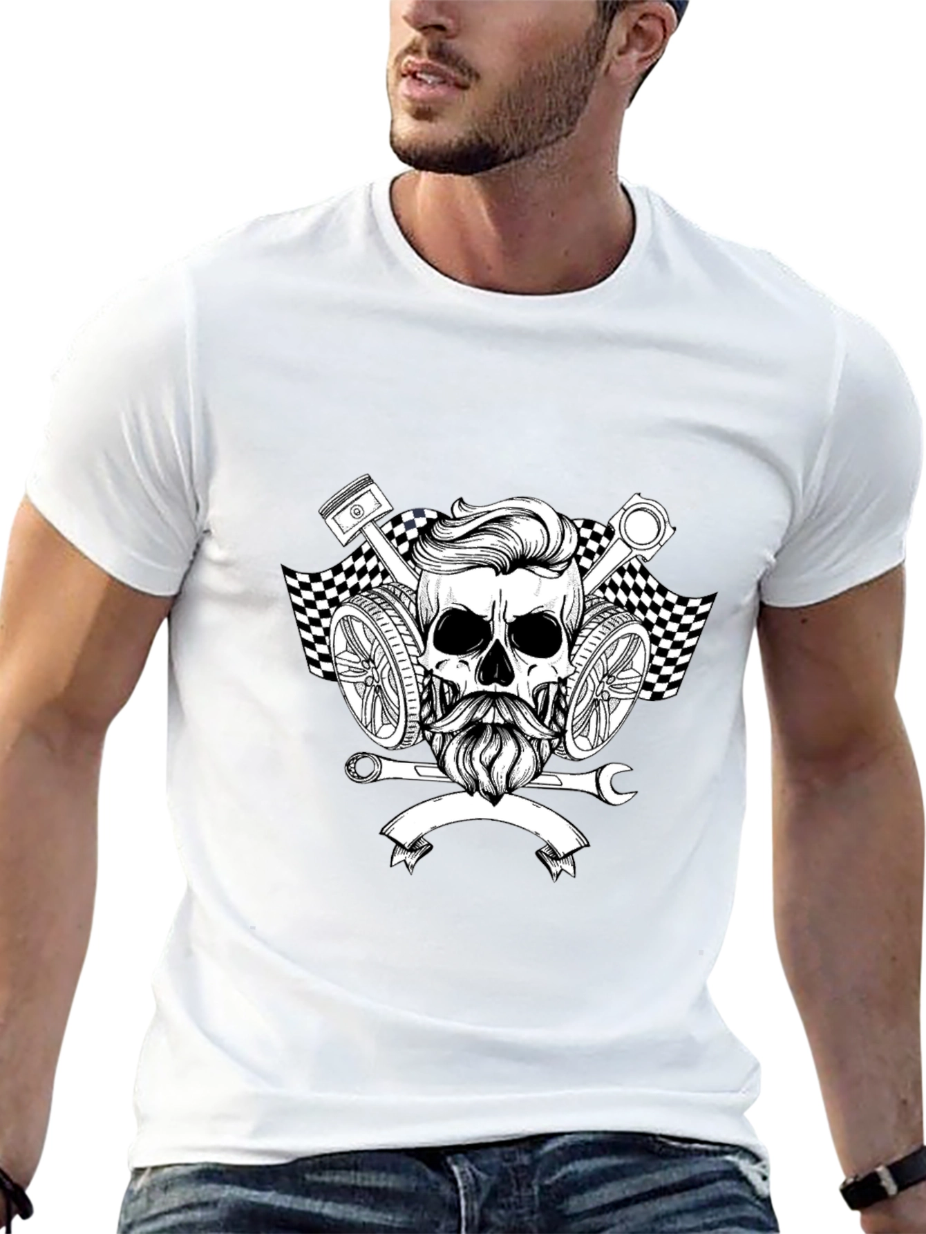 Mens Black Graphic Tee - Skull Mechanic
