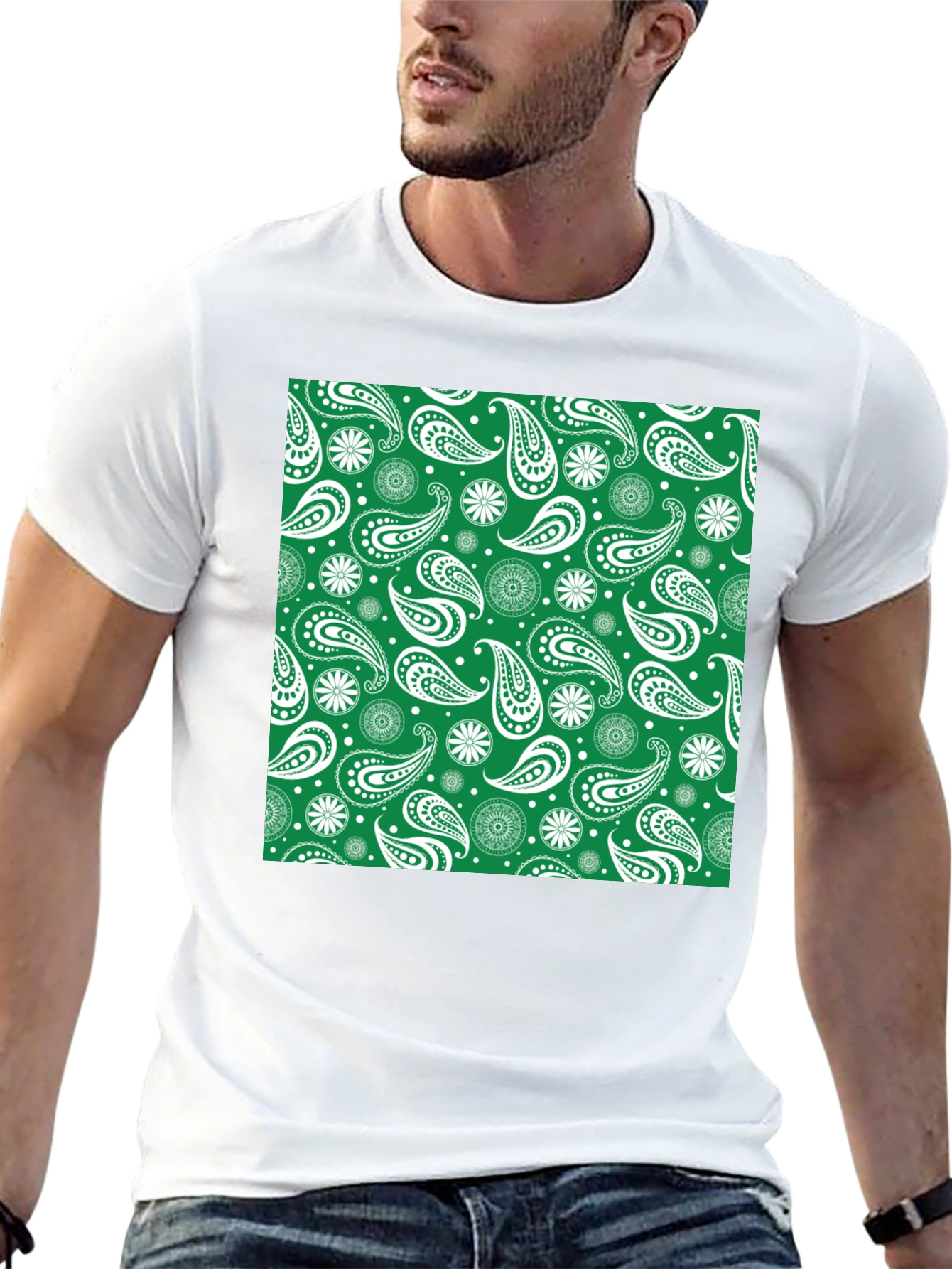 Paisley Patterned T-Shirt - Green & White Design