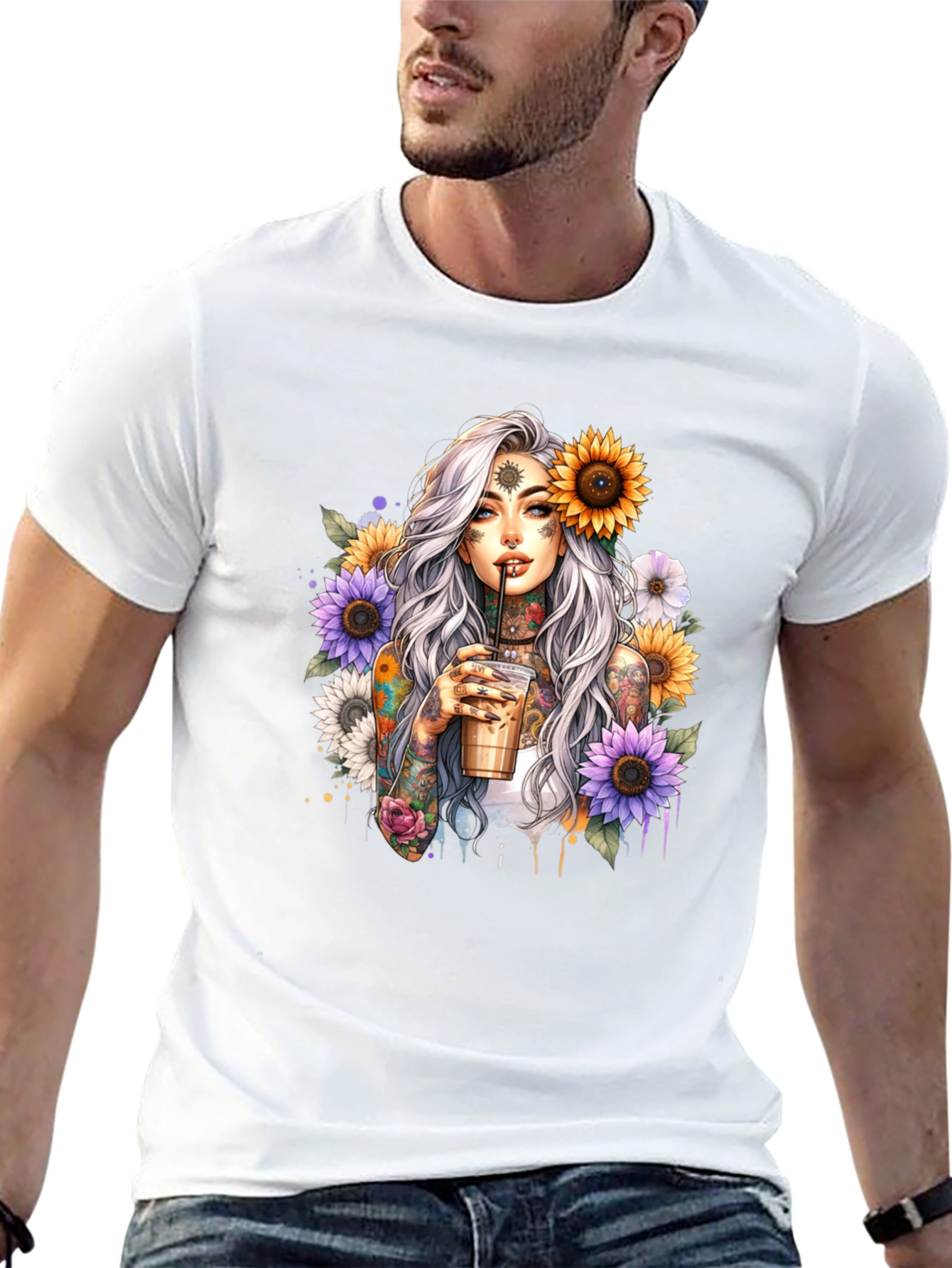 Tattooed Woman & Sunflower Graphic Tee - Black