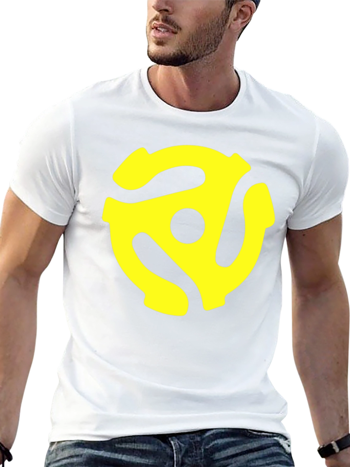 Black T-Shirt with Yellow 45 RPM Adapter Graphic