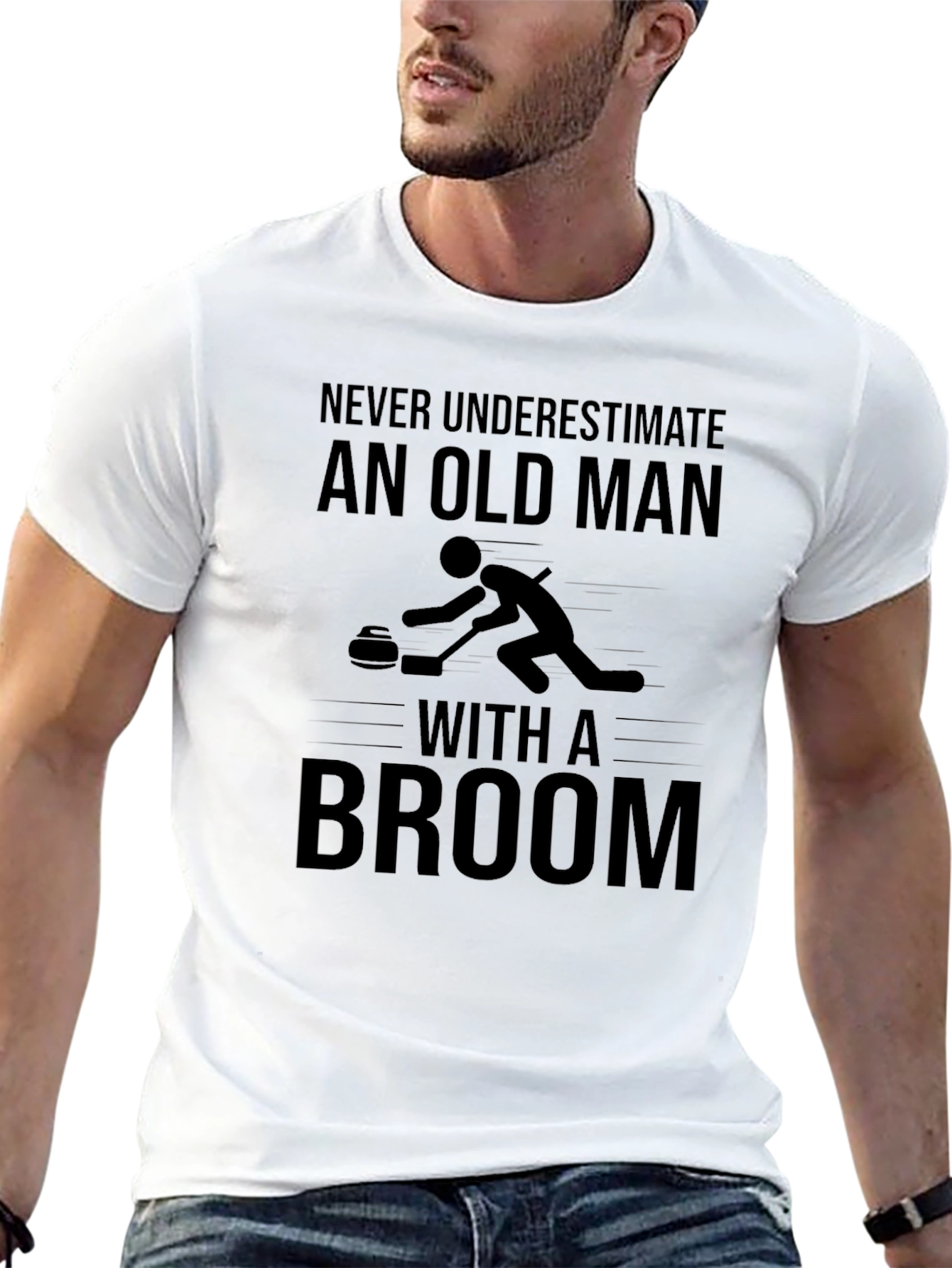 Never Underestimate Old Man with Broom Black T-Shirt