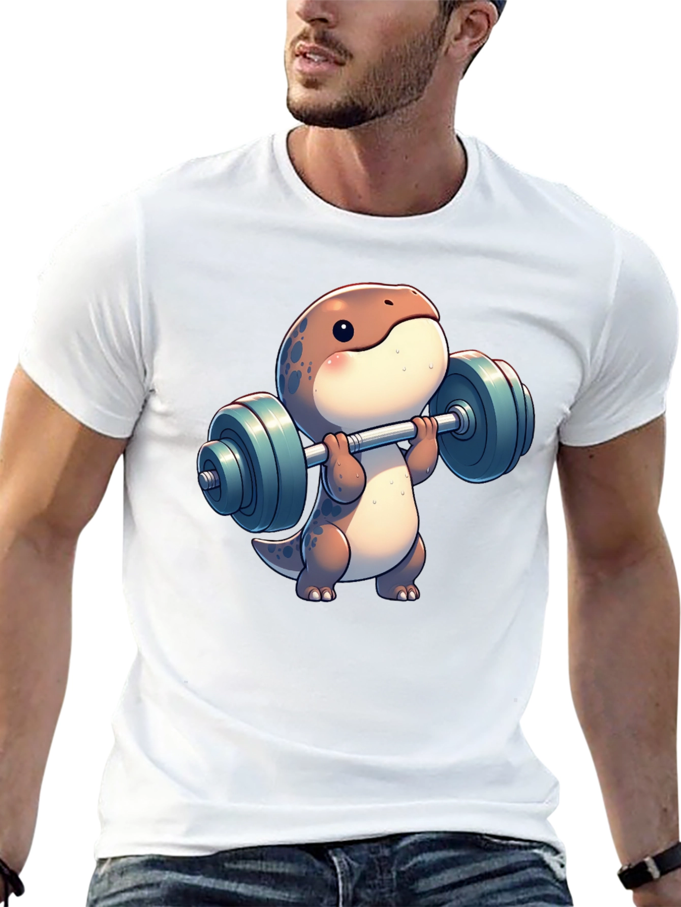 Dino Weightlifting T-Shirt - Cartoon Gym Reptile Tee