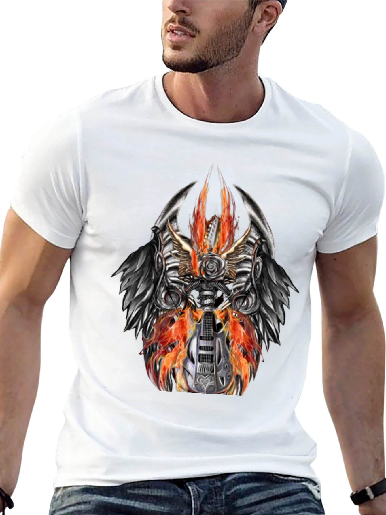 Fiery Guitar Graphic Tee - Rocker Style Black T-Shirt