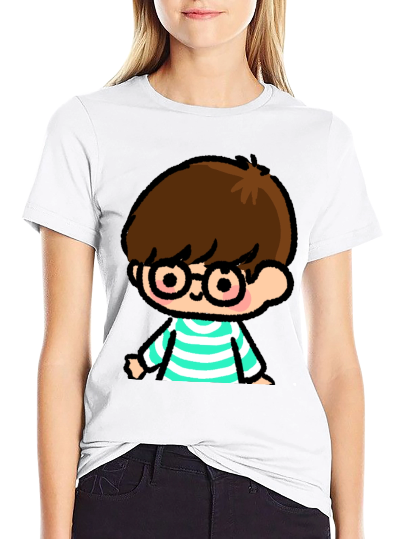 Cartoon Boy Graphic Tee - Casual Black T-Shirt