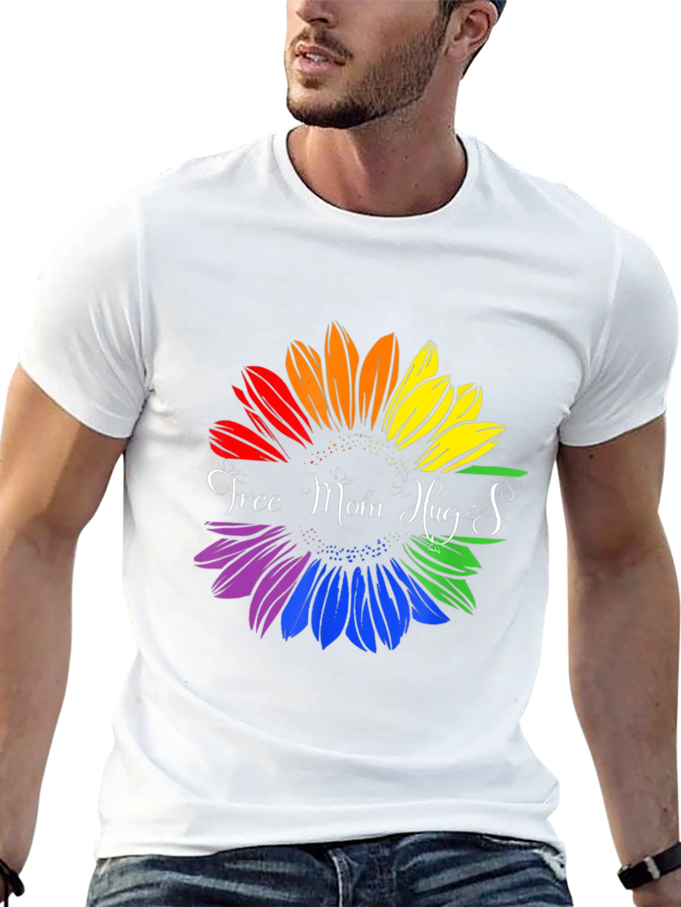 Rainbow Sunflower Free Mom Hugs Graphic T-Shirt