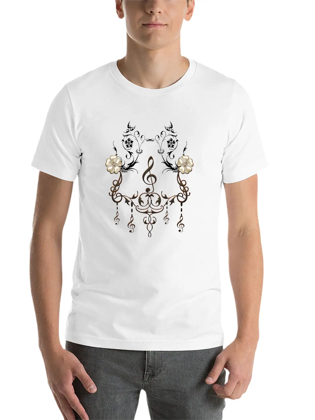 Music, Decorative Clef With Floral Elements Unisex Casual T-Shirt – Clean Design For Daily Comfort