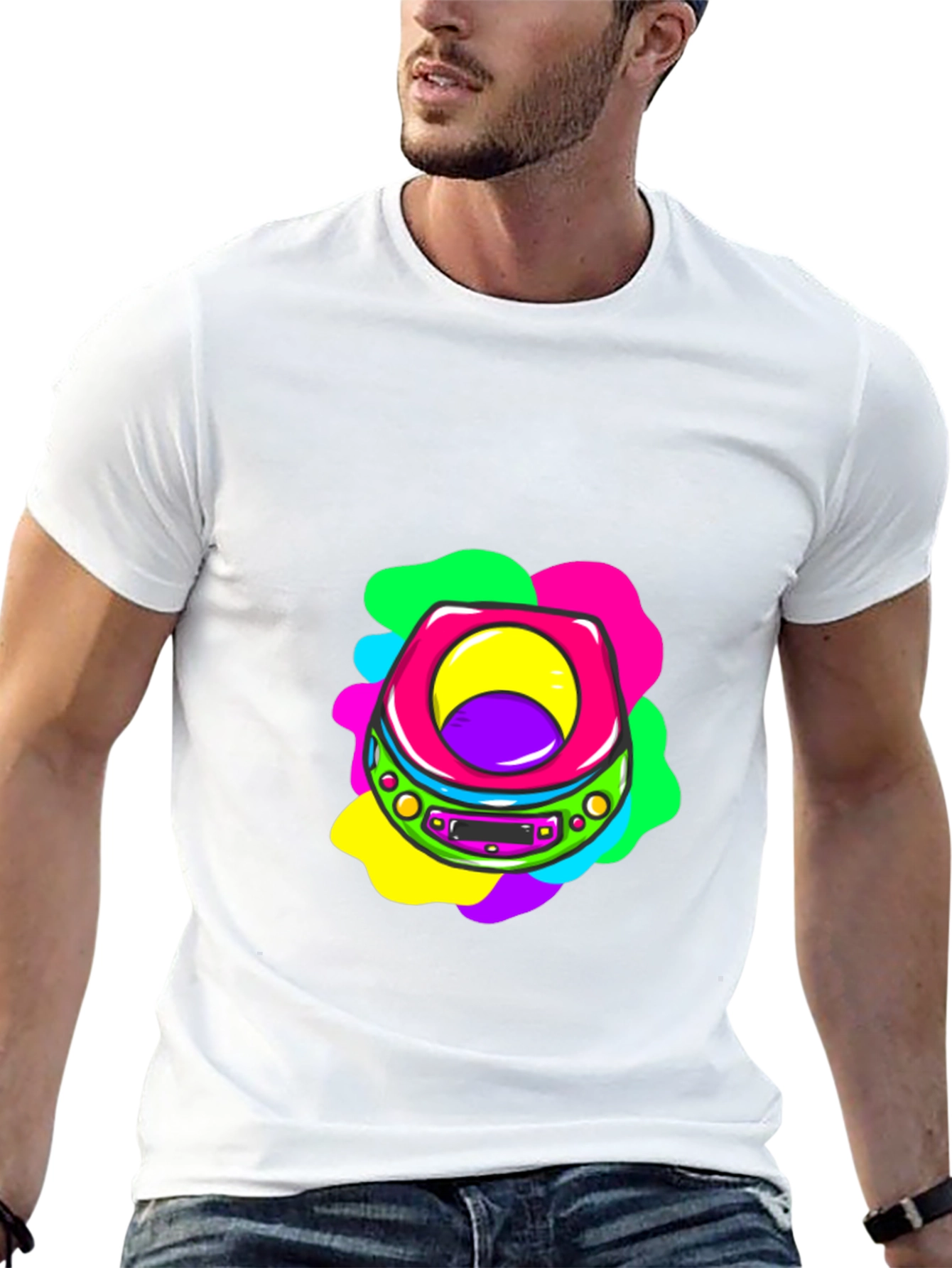 Retro CD Player Graphic Tee - Black Cotton T-Shirt