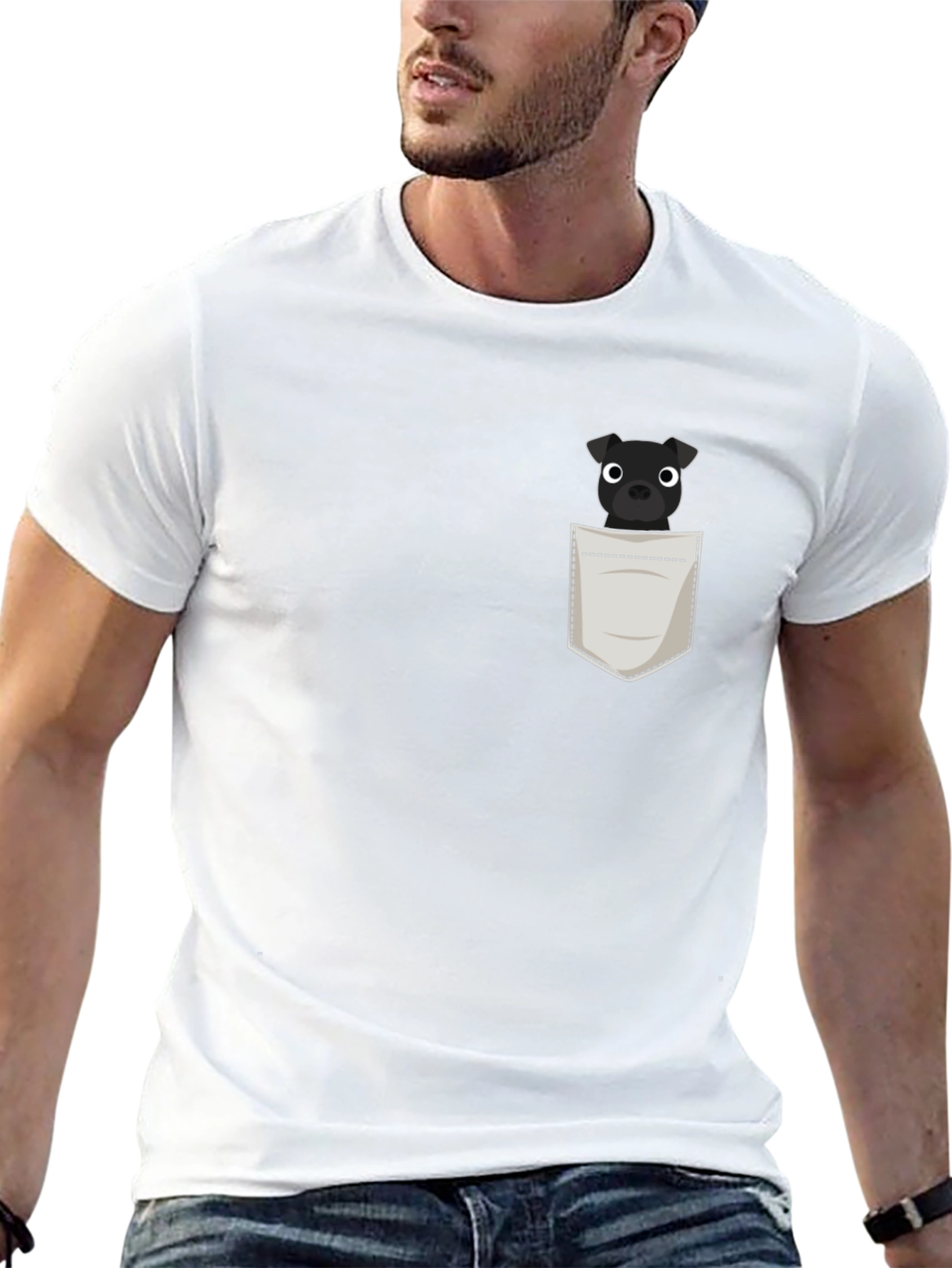 Mens Black T-Shirt with Dog in Pocket Graphic
