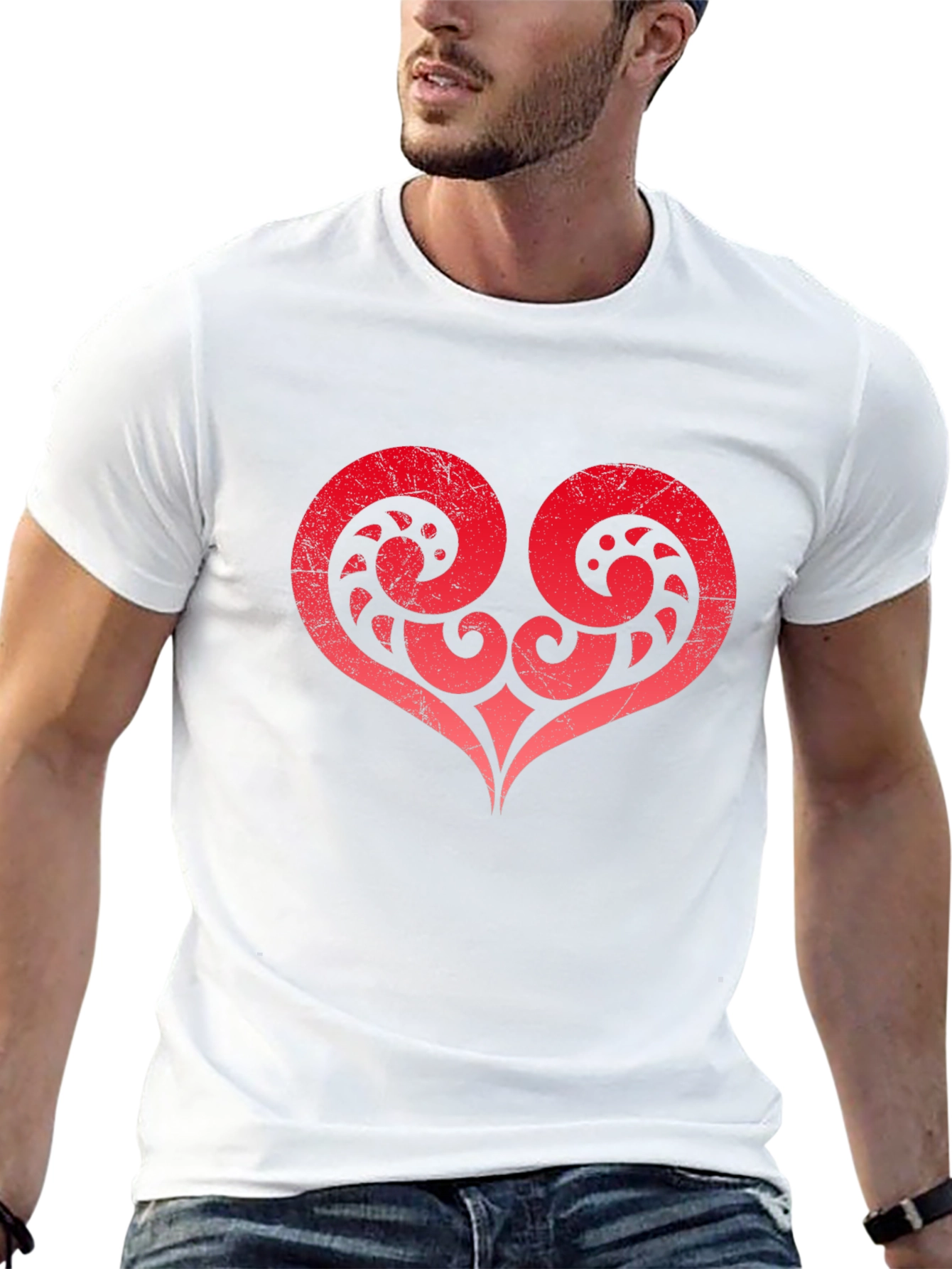 Red Tribal Heart Graphic Black T-Shirt