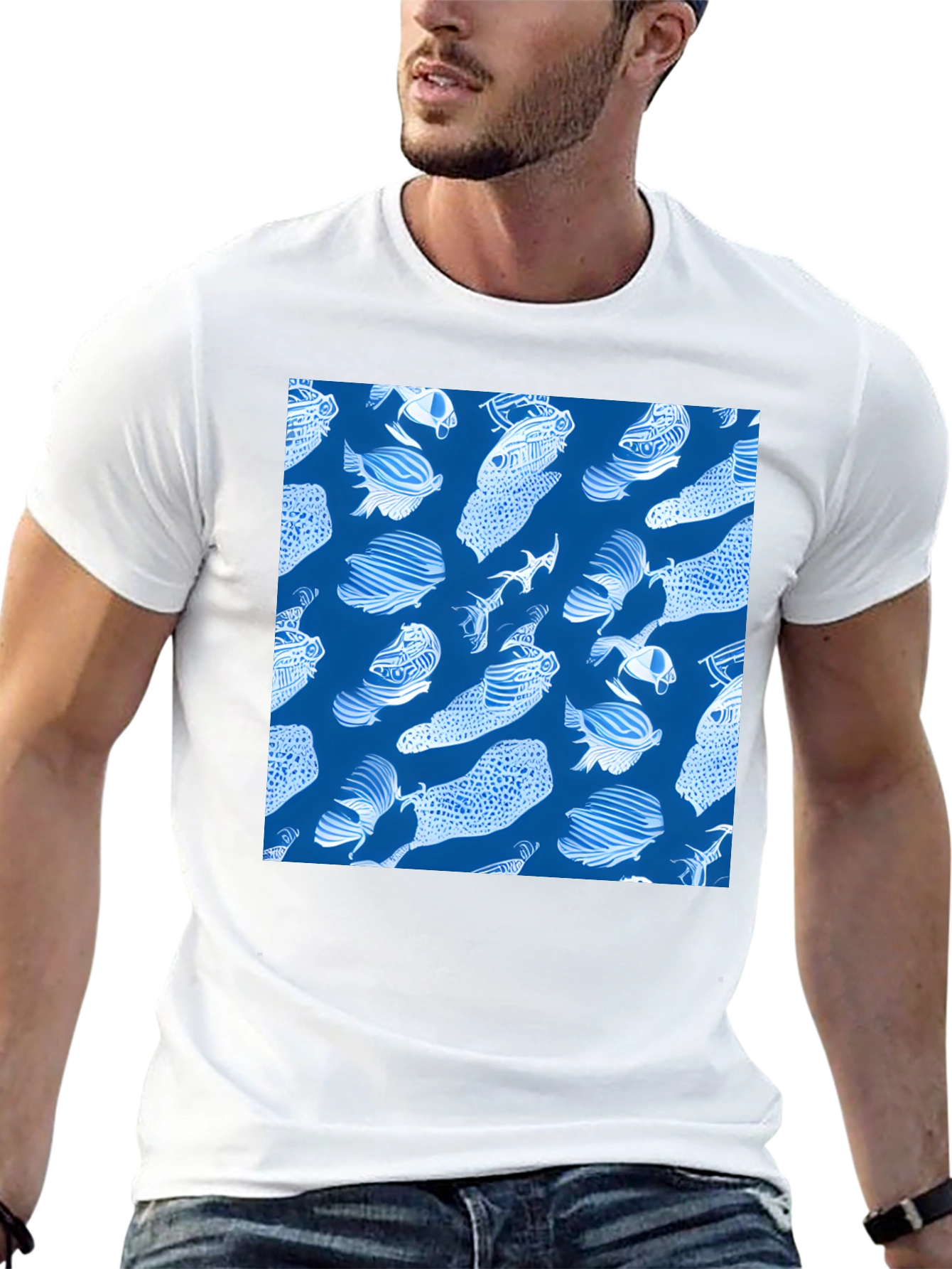 Fish Pattern T-Shirt - Blue
