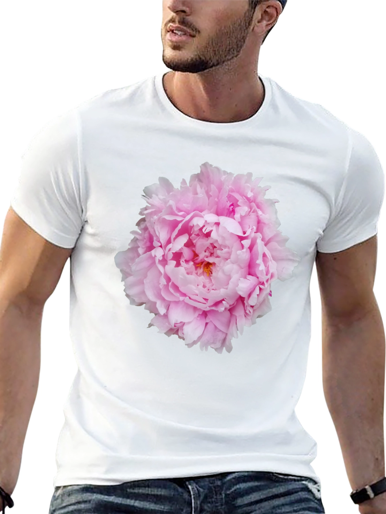 Pink Peony Flower Black T-Shirt