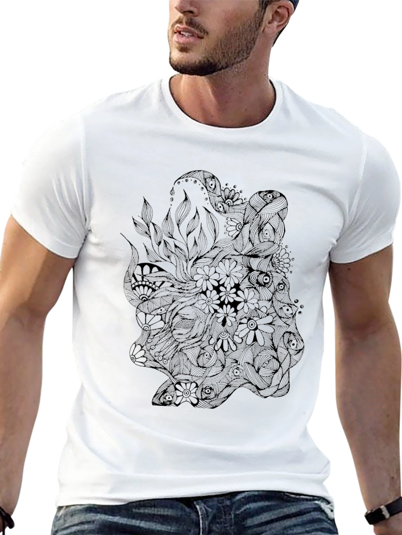 Mens Black Graphic Tee - Floral Octopus Design