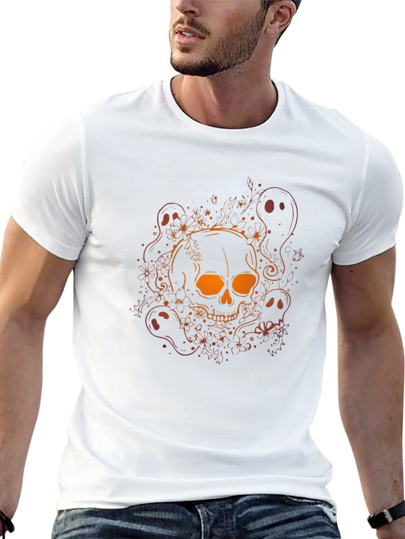 Skull & Ghost Graphic Tee - Halloween Black T-Shirt