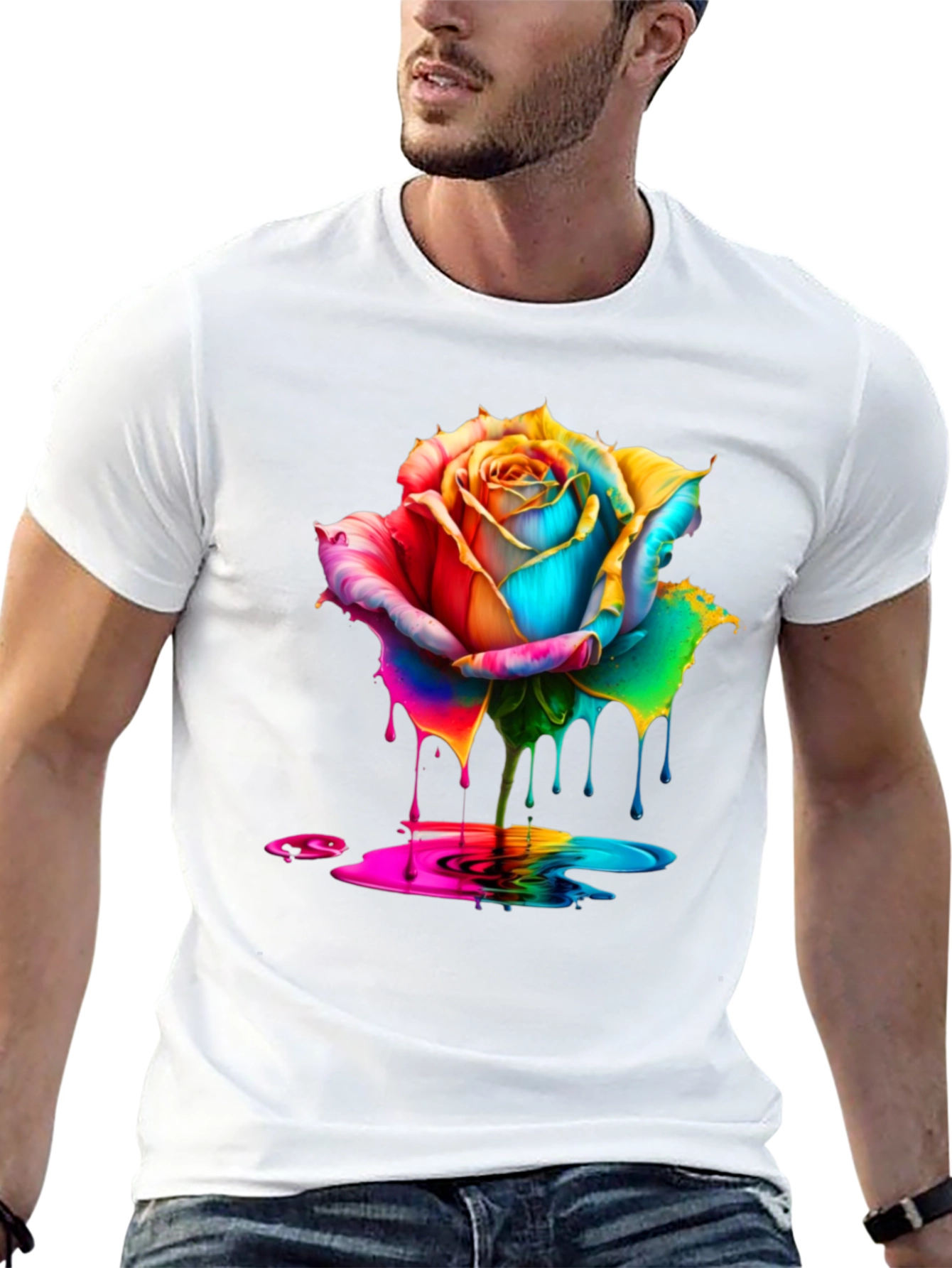 Rainbow Rose Dripping Paint Graphic Tee