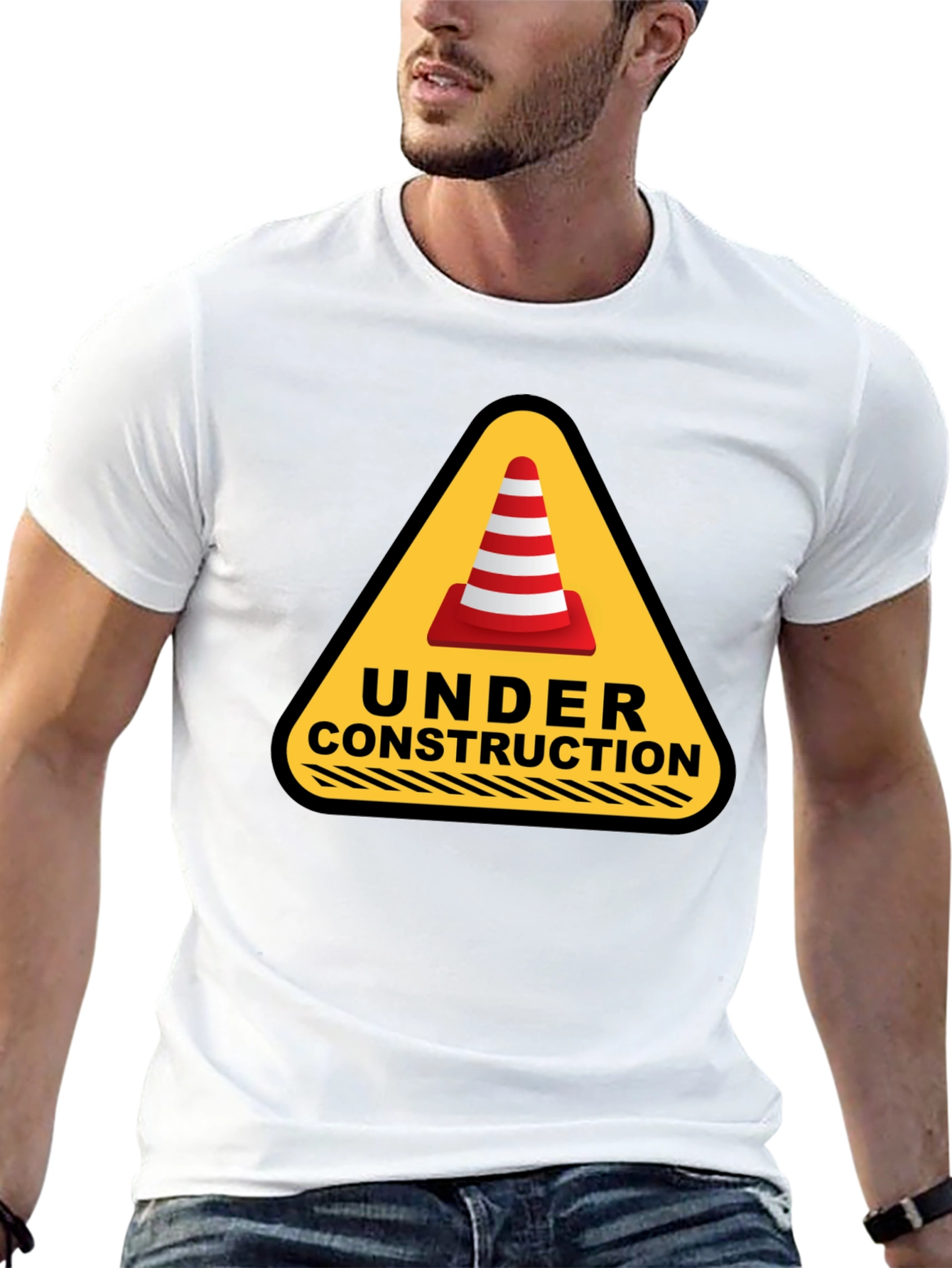 Under Construction Cone Graphic Tee - Black Cotton T-Shirt