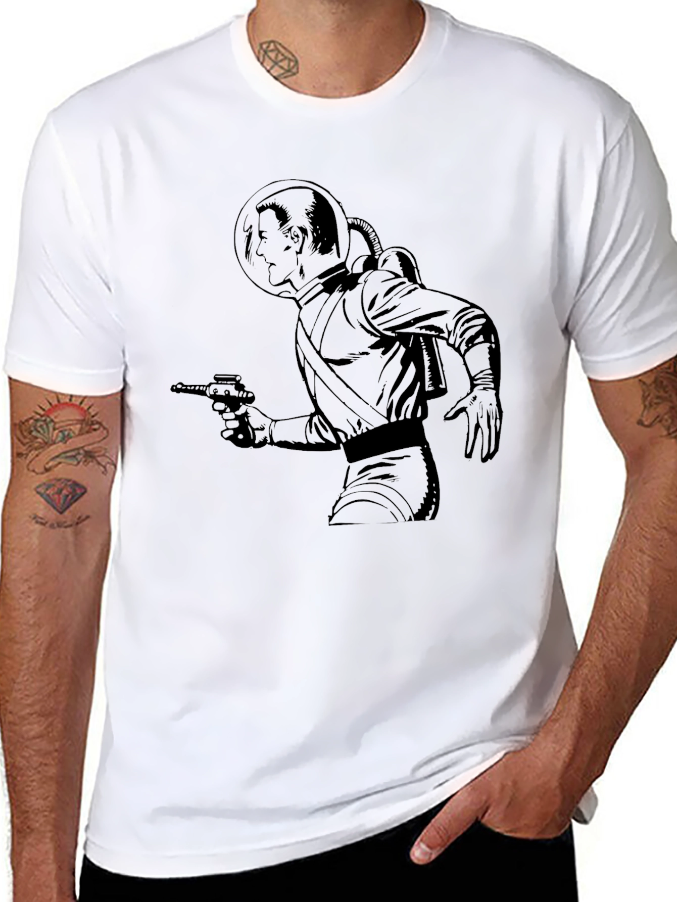Retro Sci-Fi Astronaut Graphic T-Shirt - Black