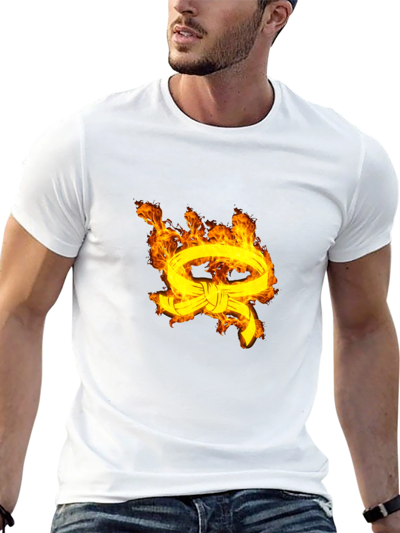 Mens Black T-Shirt with Fiery Belt Design