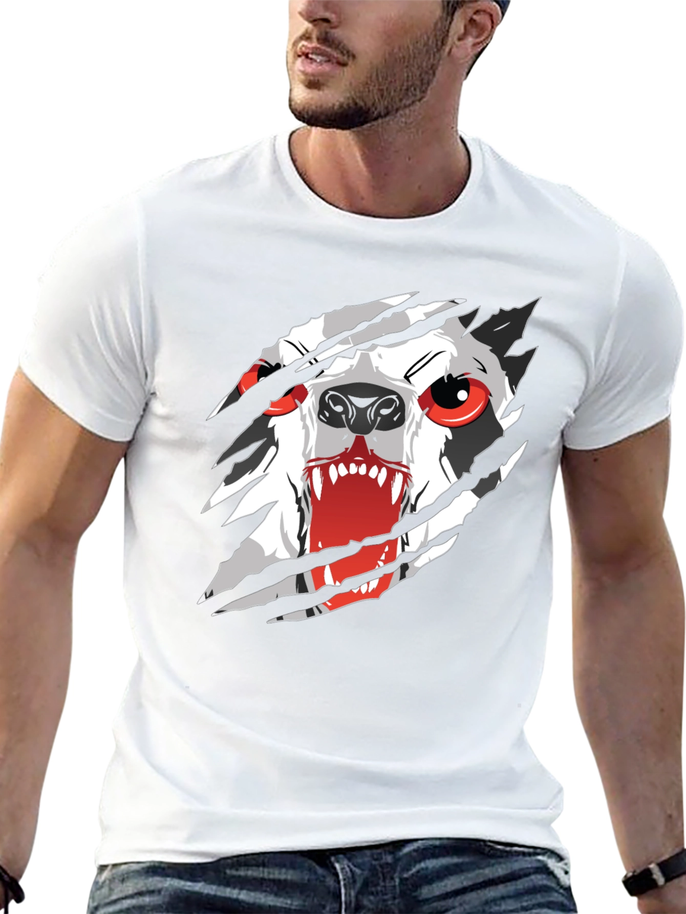 Mens Black T-Shirt with Ripping Wolf Graphic