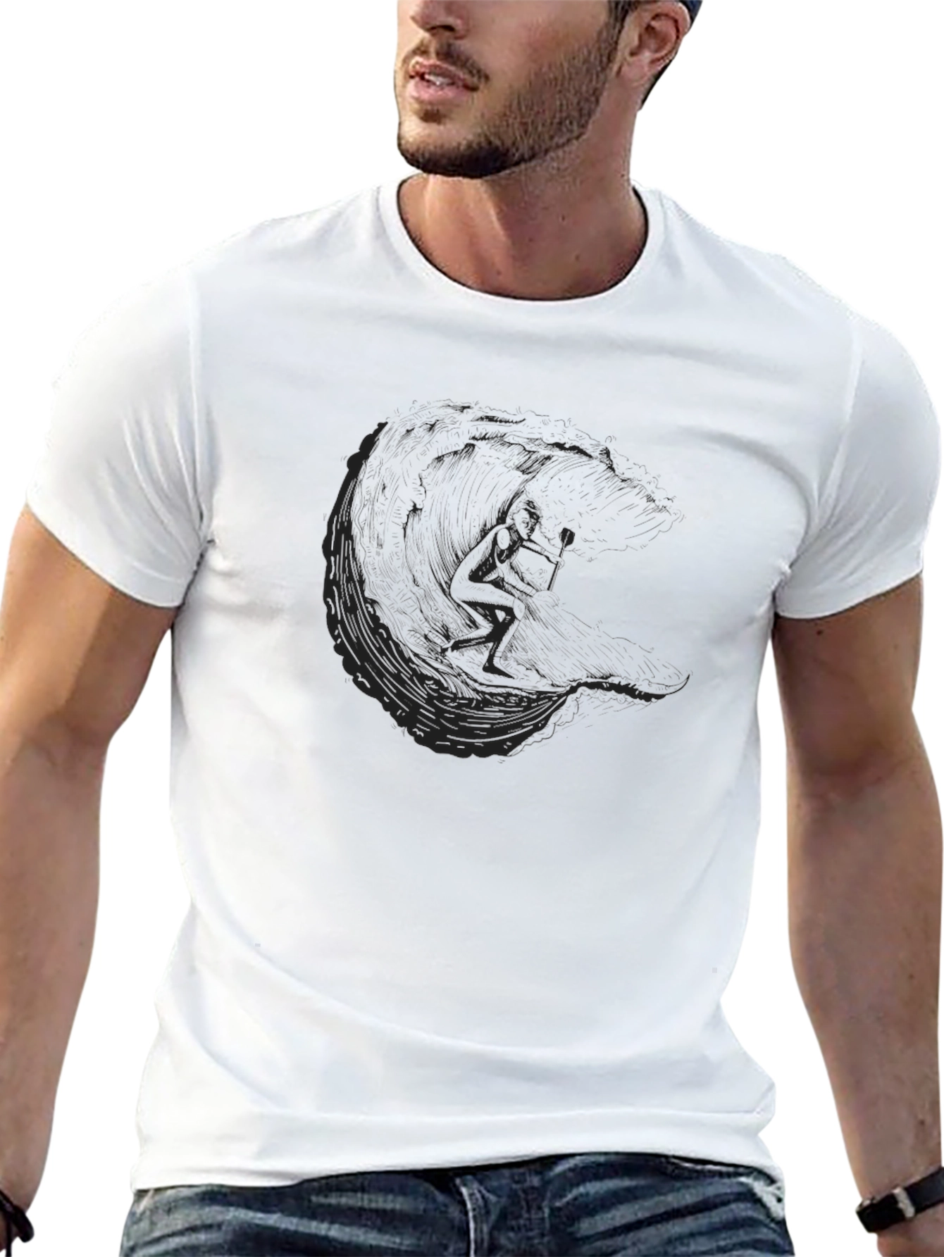 Mens Black T-Shirt with Surfer Graphic