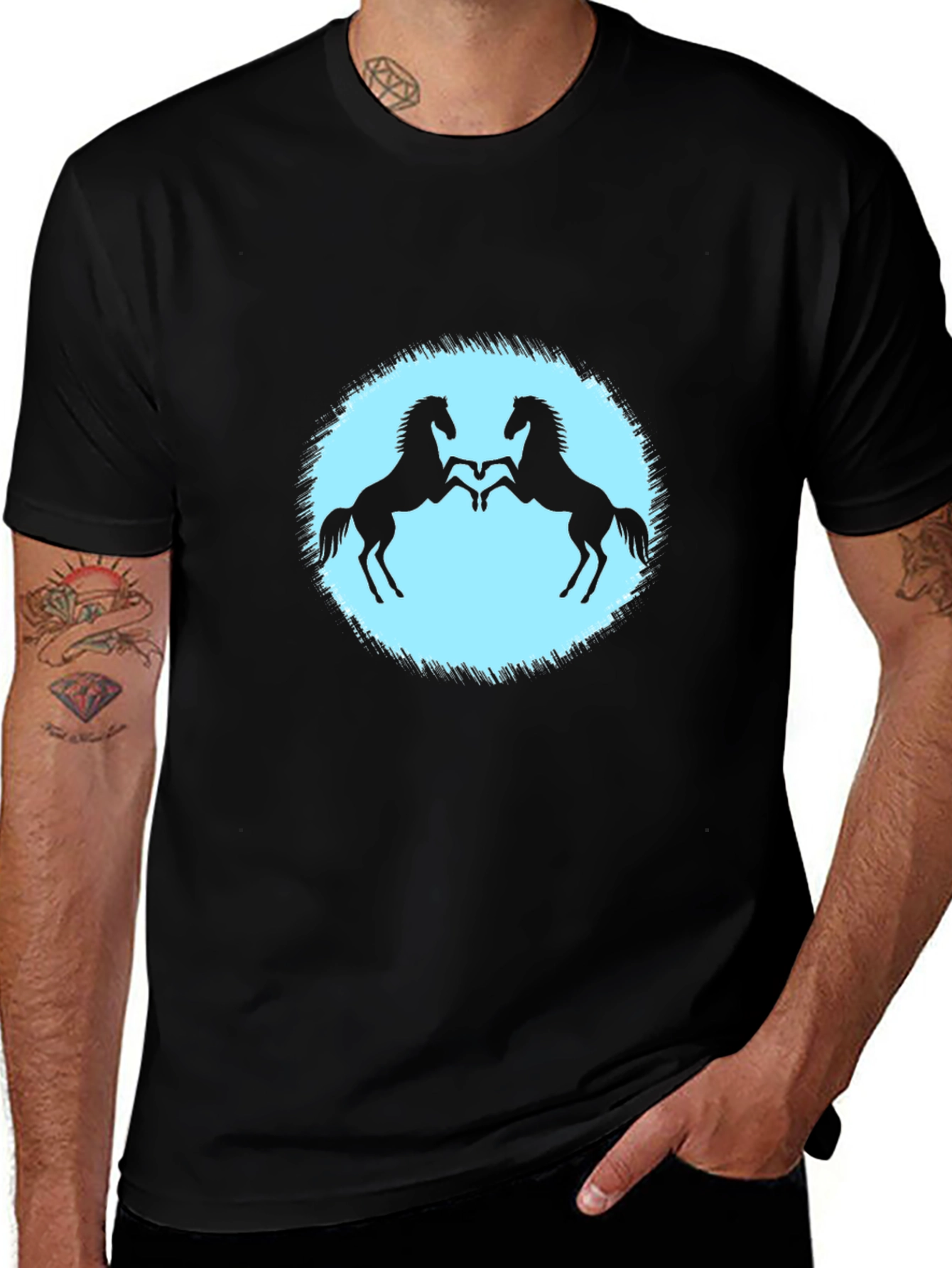 Black T-Shirt with Two Horses Design