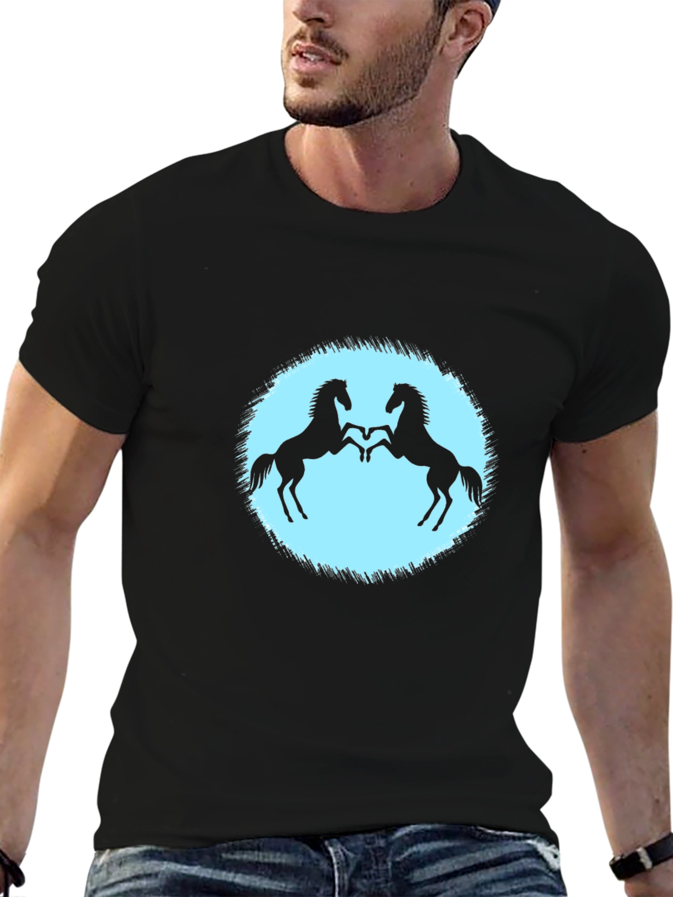 Black T-Shirt with Two Horses Design