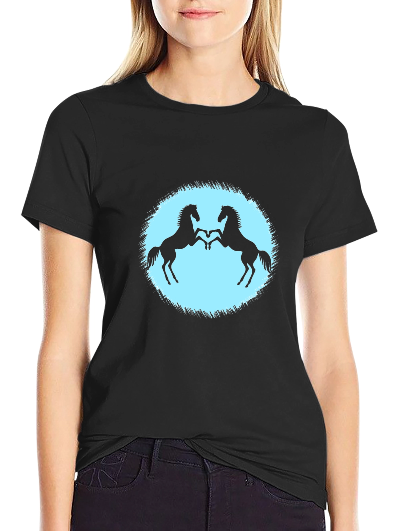 Black T-Shirt with Two Horses Design