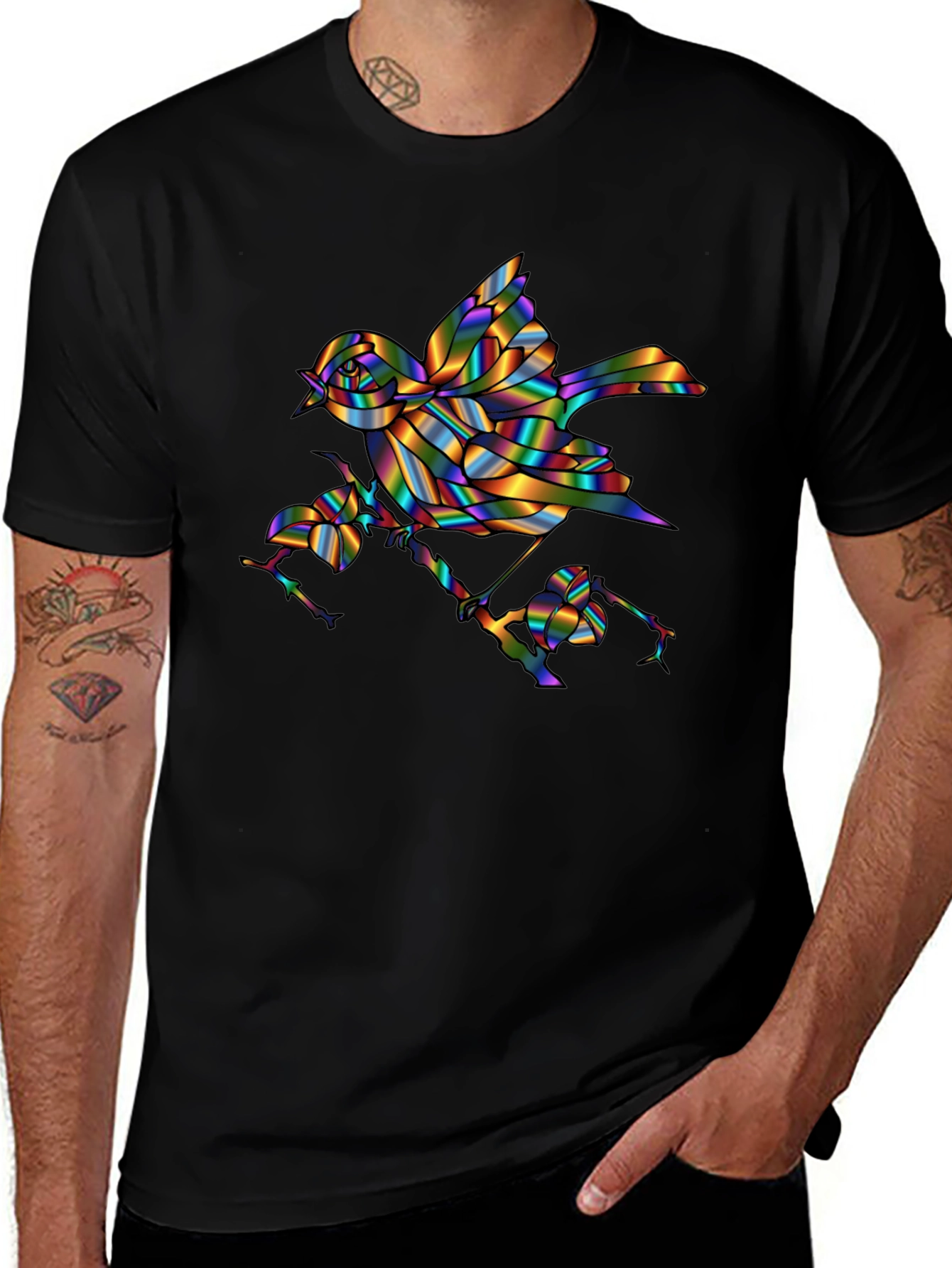Rainbow Bird Graphic Print Mens Black T-Shirt