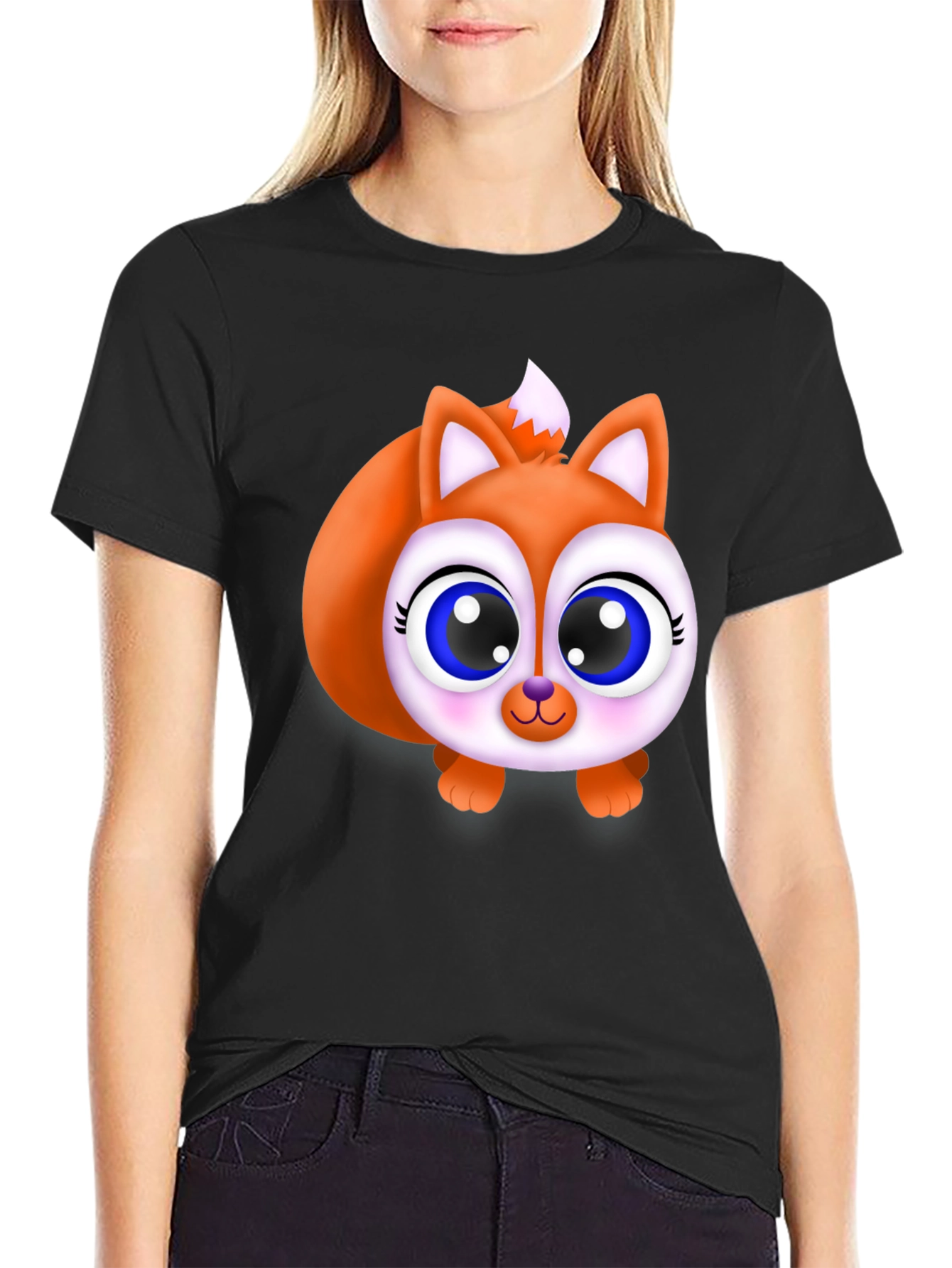 Cute Fox Graphic Tee - Black Cotton Blend Shirt