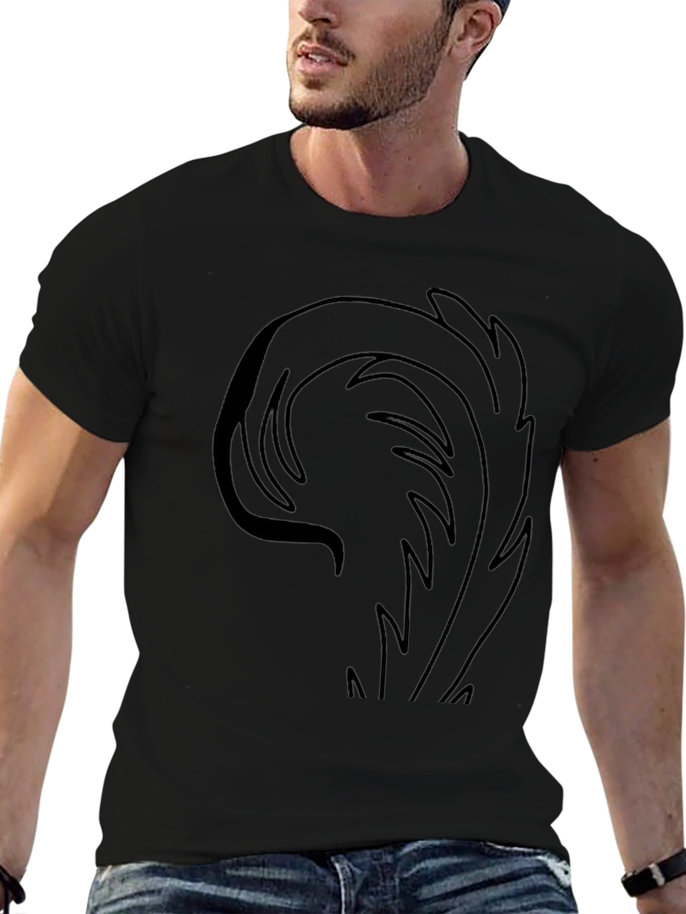 Mens Black T-Shirt with Abstract Feather Design