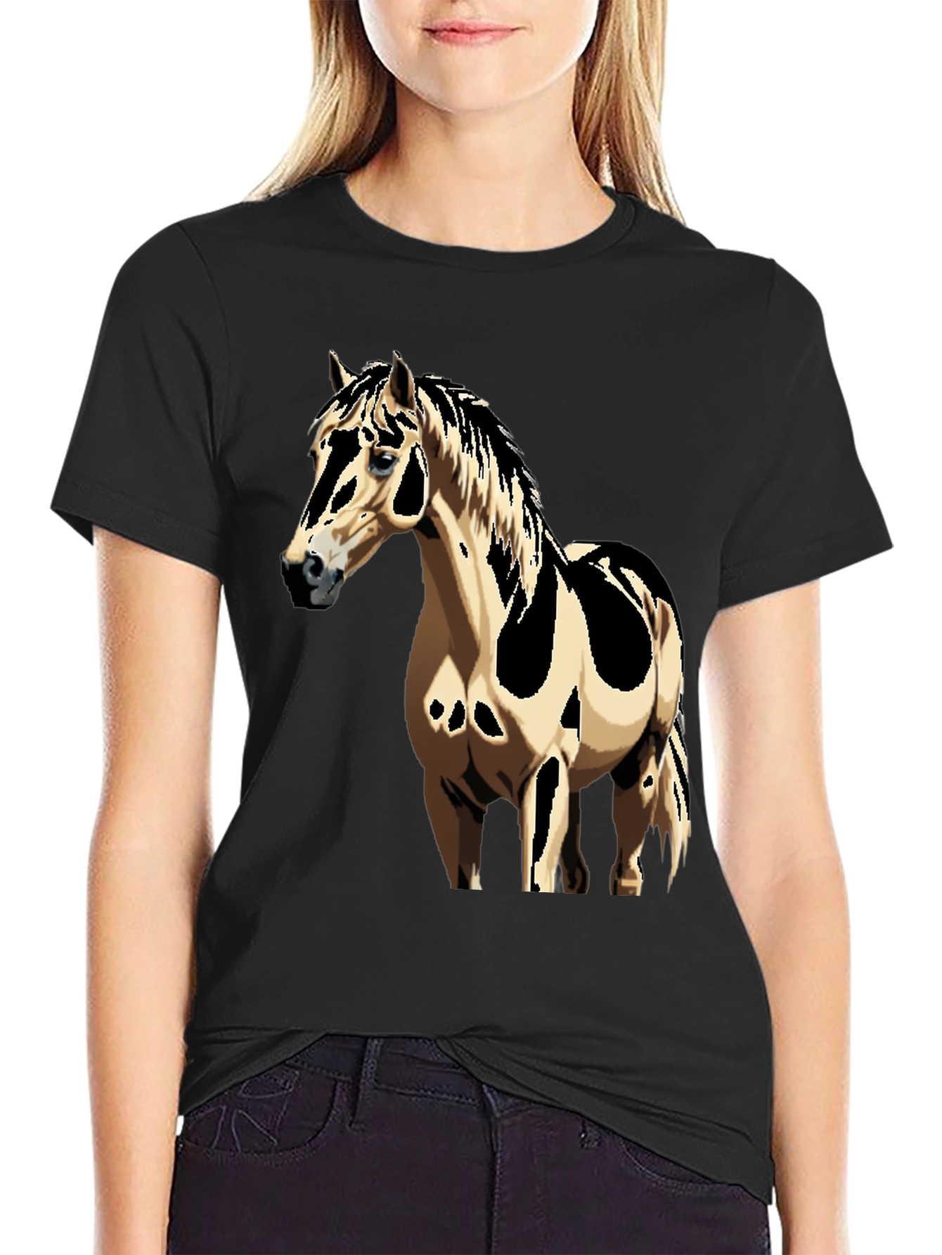 Horse Graphic Tee - Black Cotton Casual Shirt