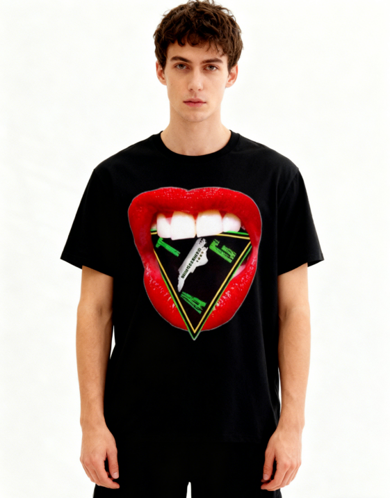 Bold Lips Triangle Graphic Black T-Shirt