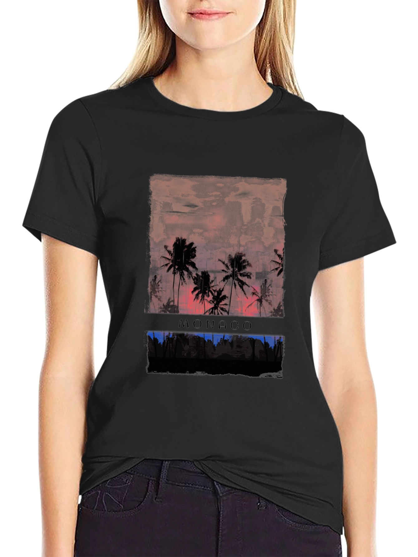 Monaco Palm Tree Graphic Print Black T-Shirt