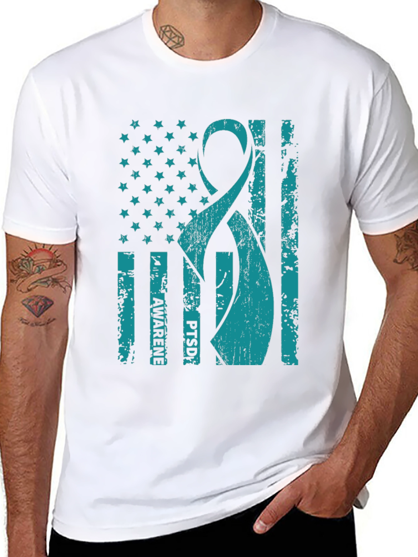 PTSD Awareness American Flag Ribbon T-Shirt