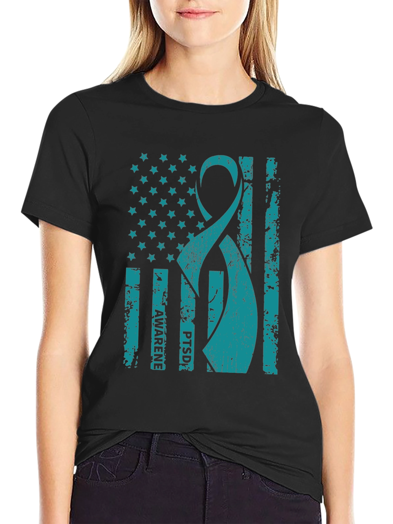 PTSD Awareness American Flag Ribbon T-Shirt