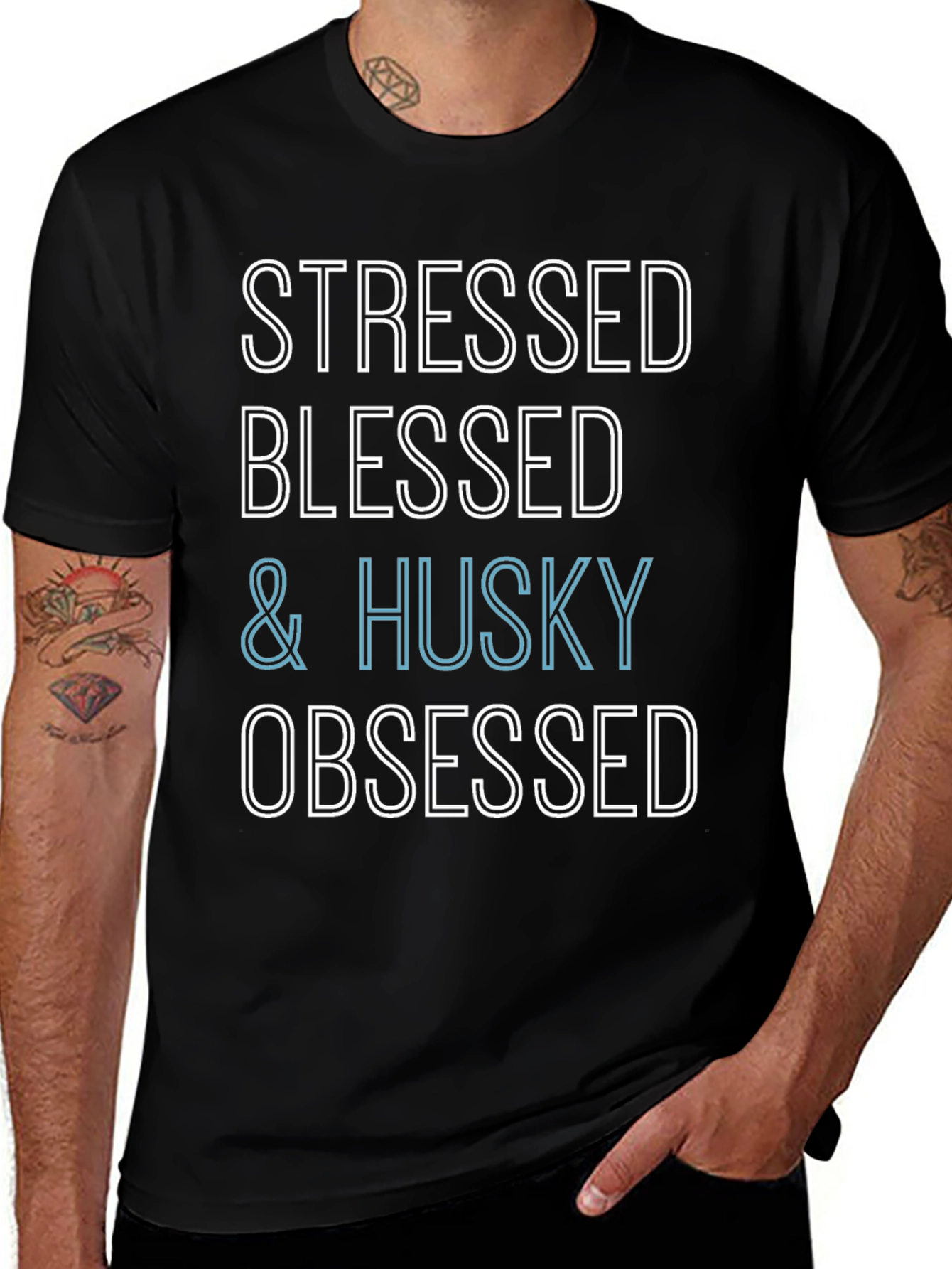 Stressed Blessed & Husky Obsessed Black T-Shirt