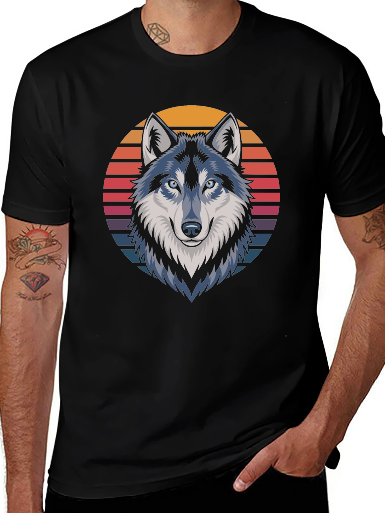 Retro Wolf Graphic Tee - Stylish Black T-Shirt