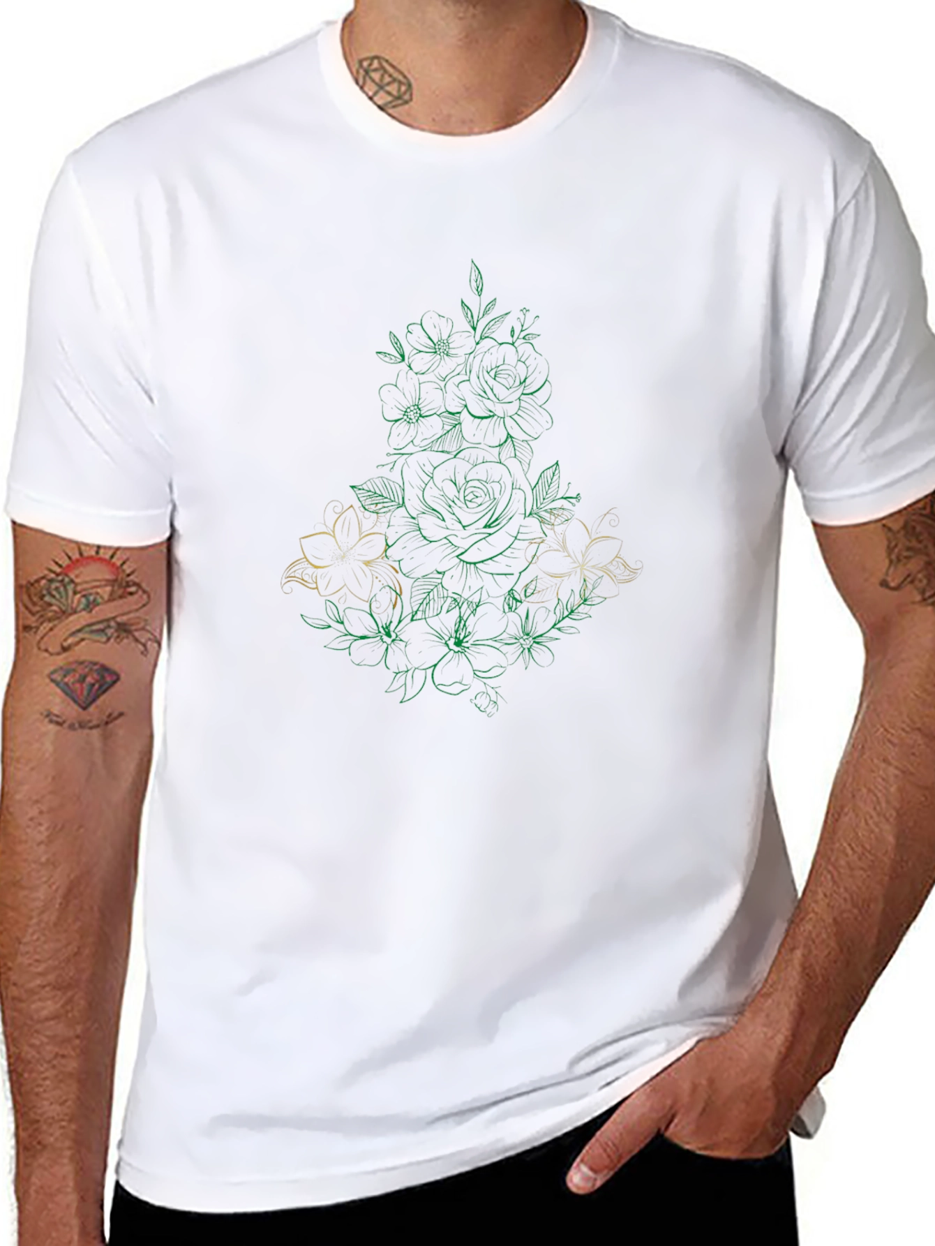 Floral Line Art Black T-Shirt