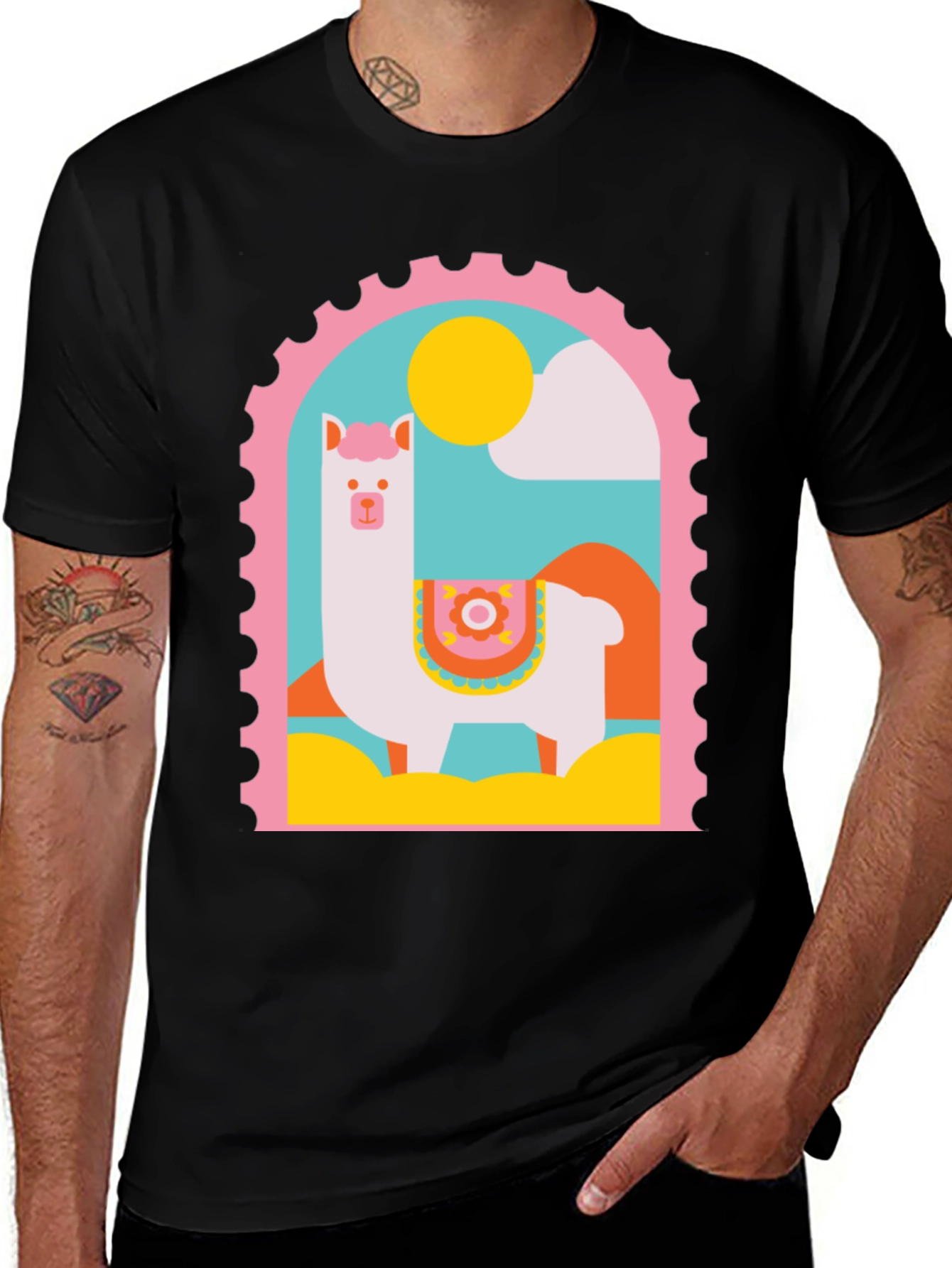 Llama Stamp Graphic Tee - Trendy Casual Top