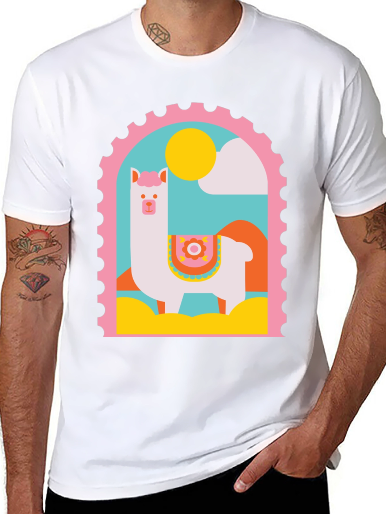 Llama Stamp Graphic Tee - Trendy Casual Top