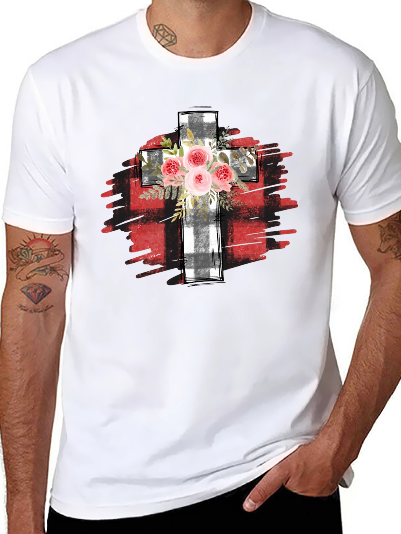 Floral Cross Graphic T-Shirt - Black