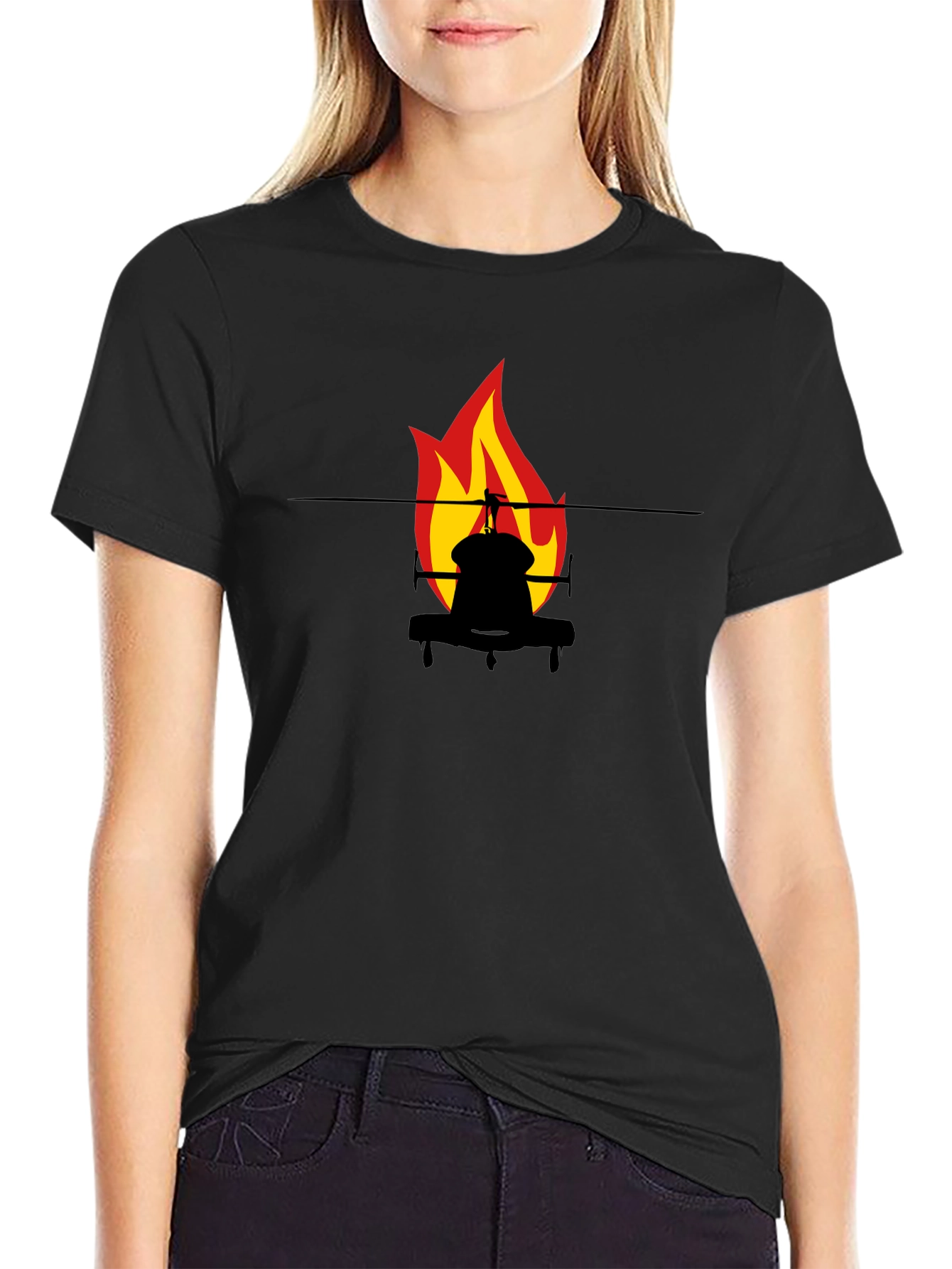 Fiery Helicopter Graphic Tee - Black Cotton