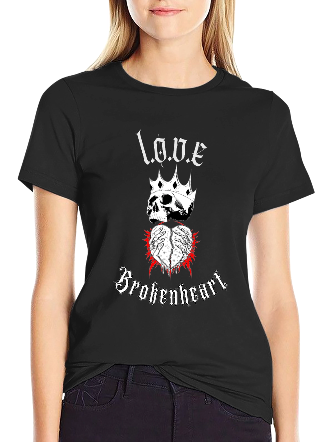 Love Brokenheart Skull Crown Graphic Tee - Black