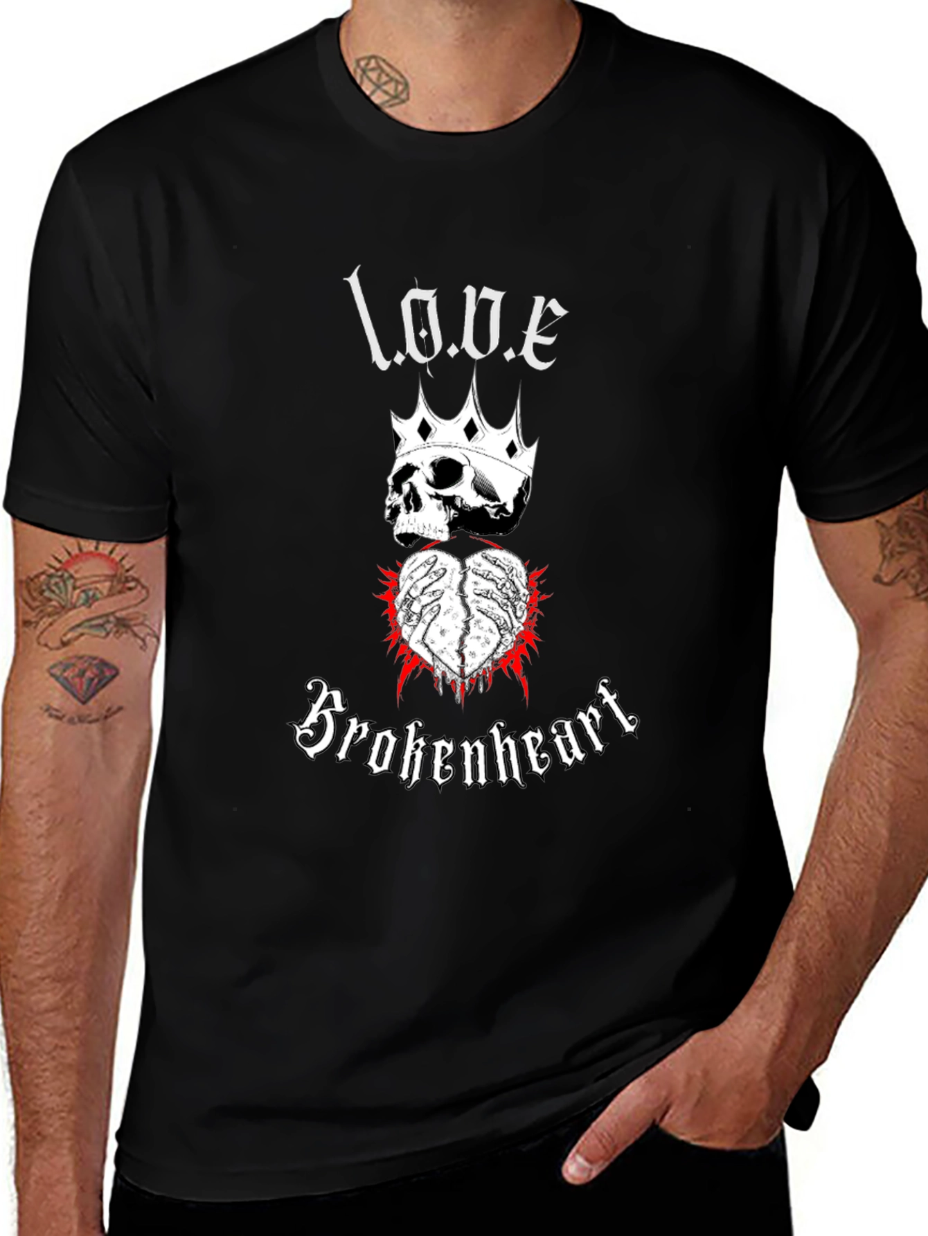 Love Brokenheart Skull Crown Graphic Tee - Black